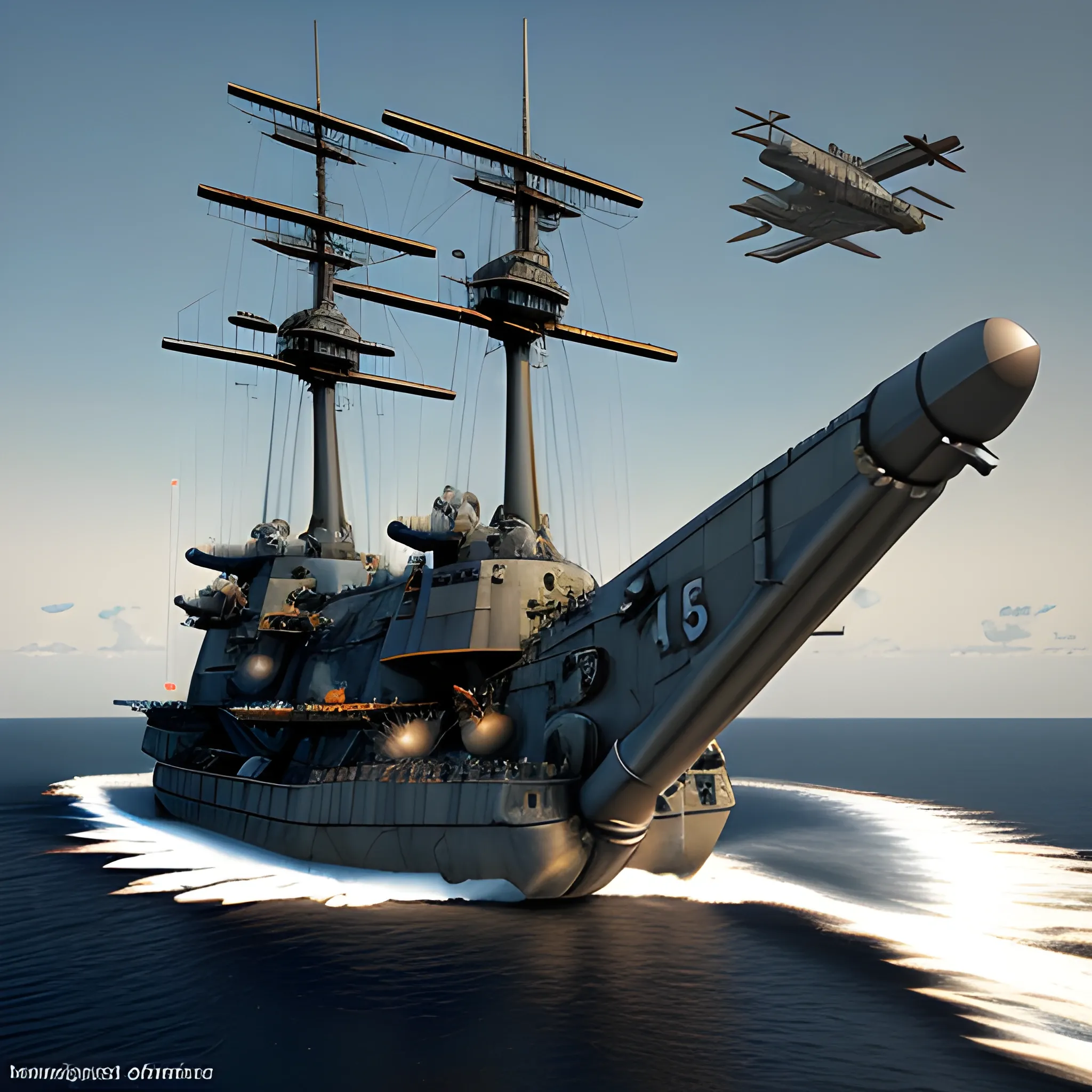 dieselpunk, best quality, gunship, in combat , 3D,  firing guns, bomber, shooting, 8k, colored, flying over the seas, naval fleet