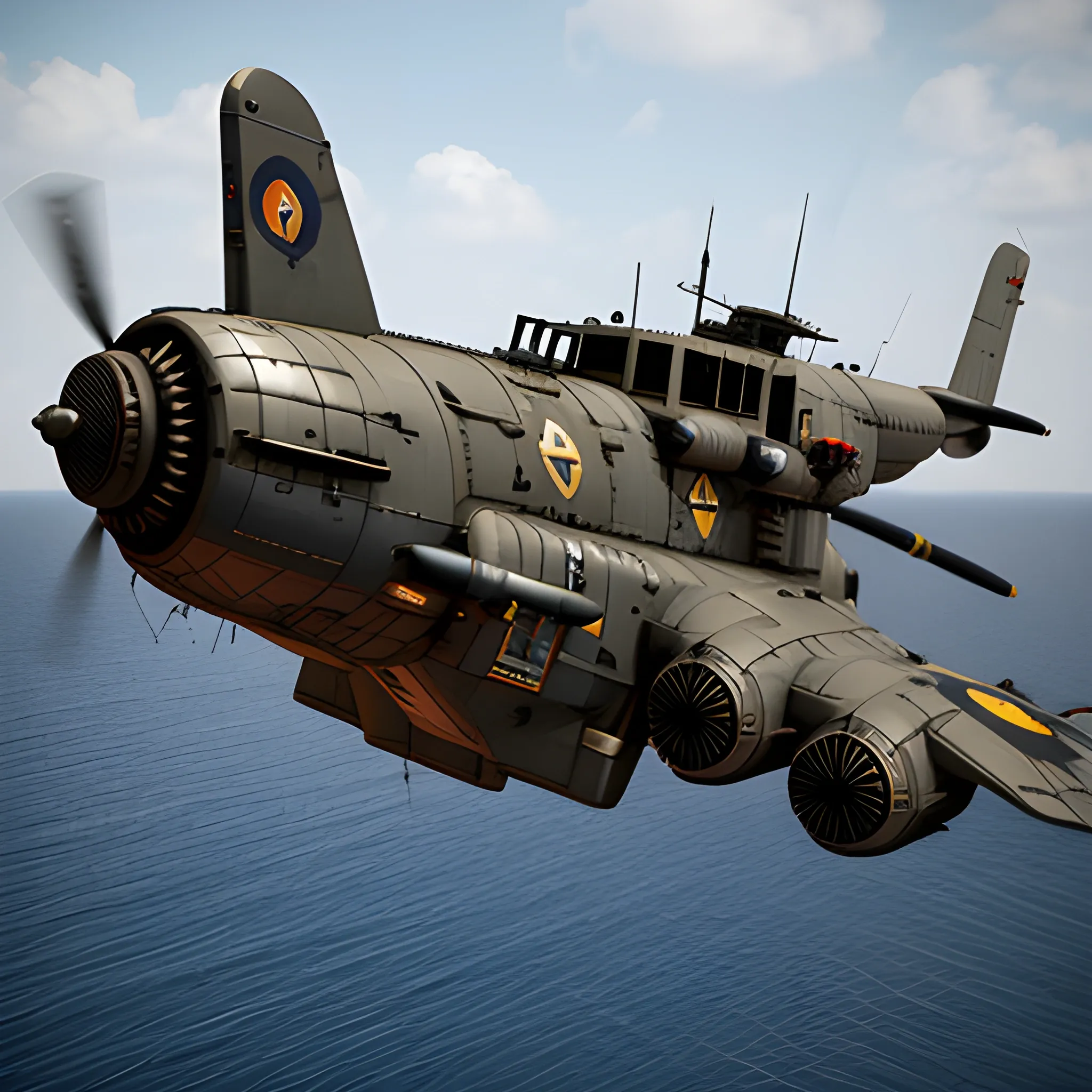 dieselpunk, best quality, gunship, war, combat , 3D,  firing guns, bomber, shooting, 8k, colored, flying over the seas, multiple ships