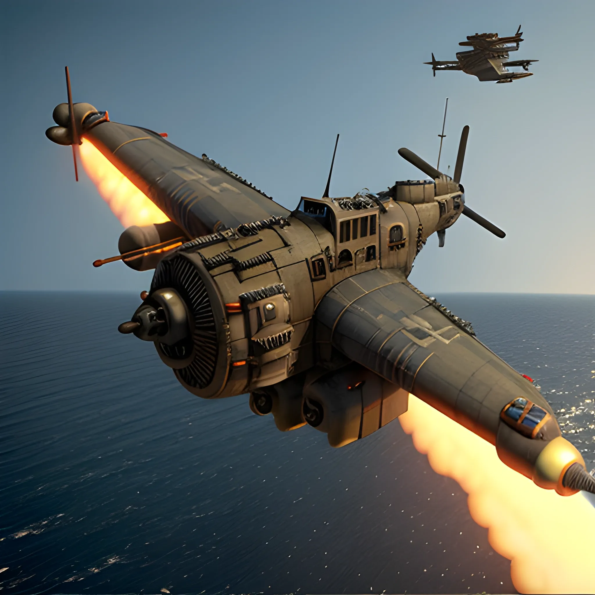 dieselpunk, best quality, gunship, war, combat , 3D,  firing guns, bomber, shooting, 8k, colored, flying over the seas, multiple ships