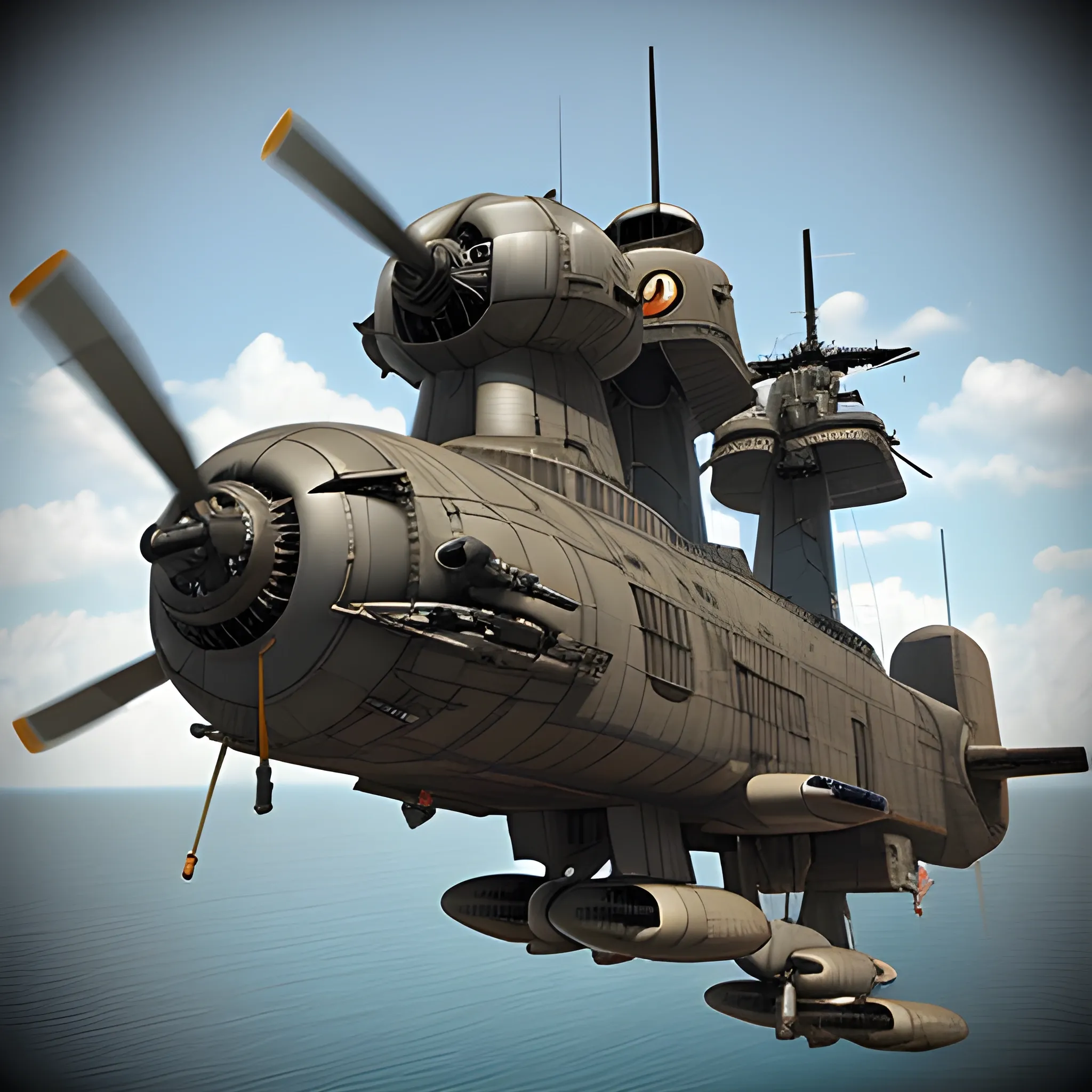 dieselpunk, best quality, gunship, war, combat , 3D,  firing guns, bomber, shooting, 8k, colored, flying over the seas, multiple ships