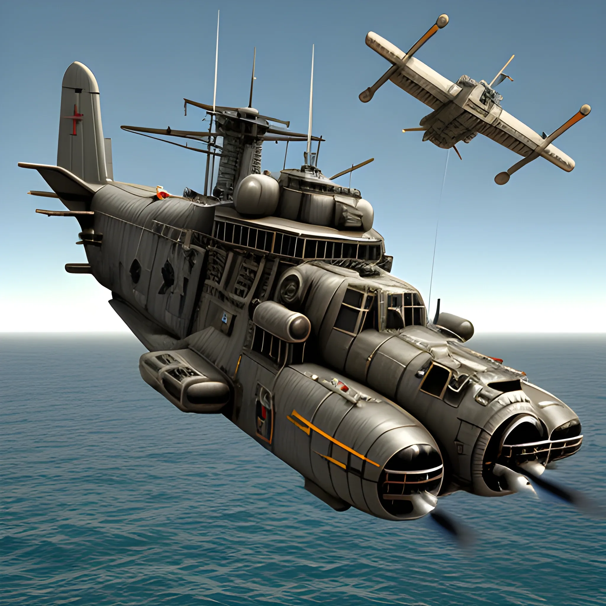 dieselpunk, best quality, gunship, war, combat , 3D,  firing guns, bomber, shooting, 8k, colored, flying over the seas, multiple ships