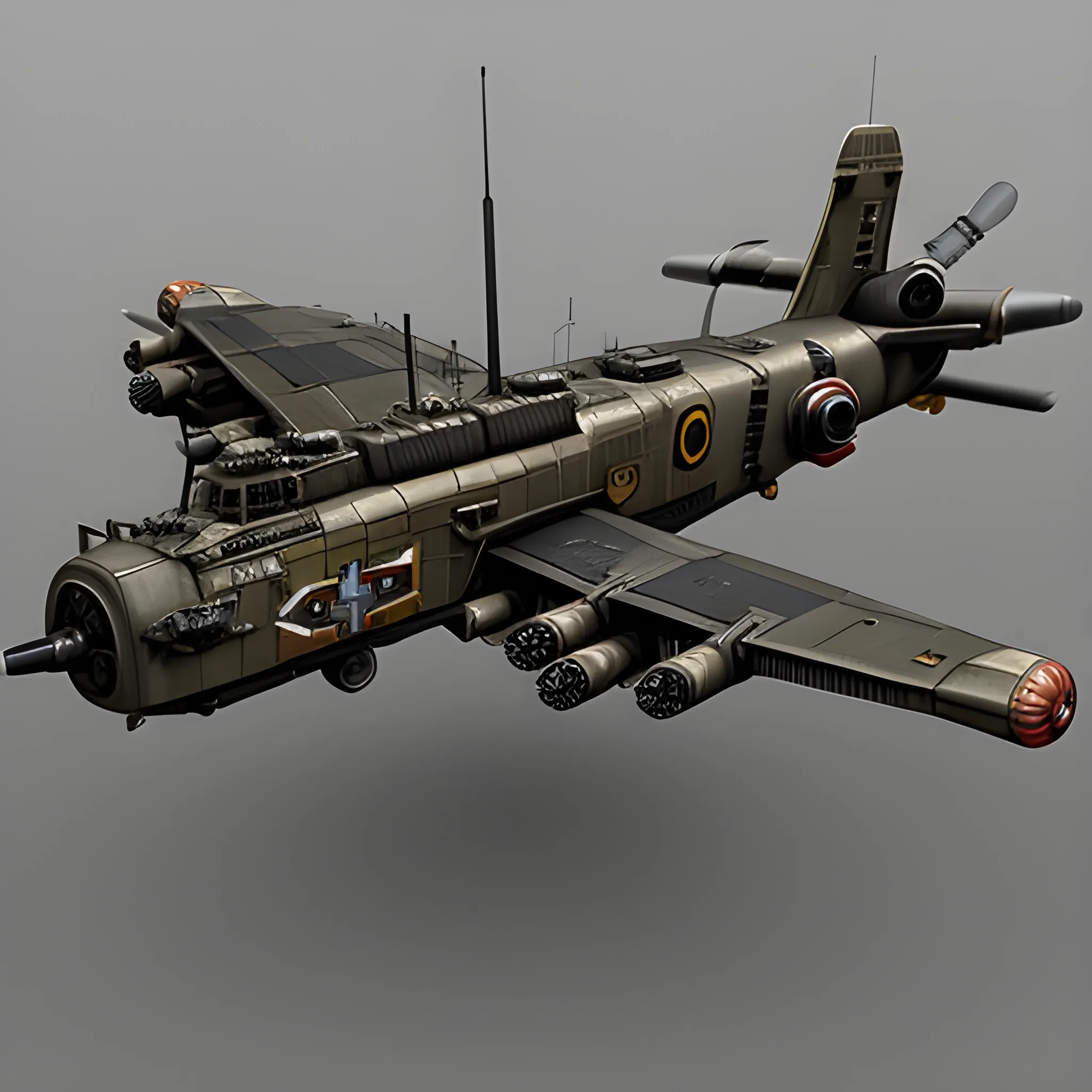 dieselpunk, best quality, gunship, war, combat , 3D,  firing guns, bomber, shooting, 8k, colored, flying over the seas, multiple ships