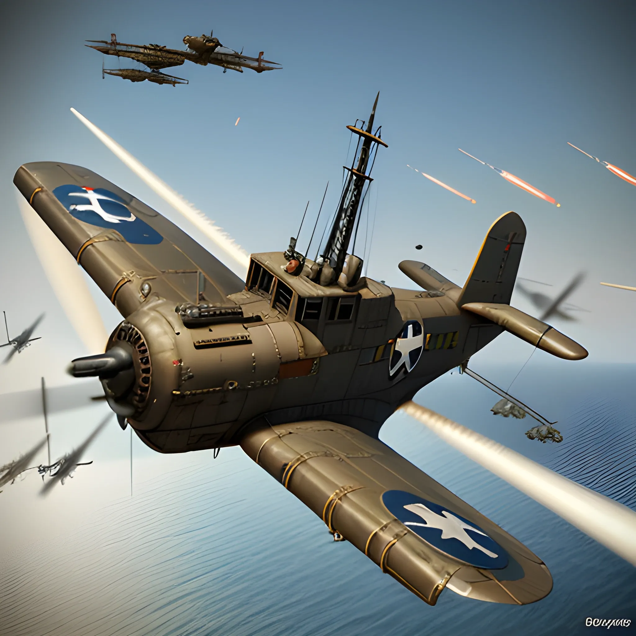 dieselpunk, best quality, gunship, war, combat , 3D,  firing guns, ww1 bomber, shooting, 8k, colored, flying over the seas, multiple ships