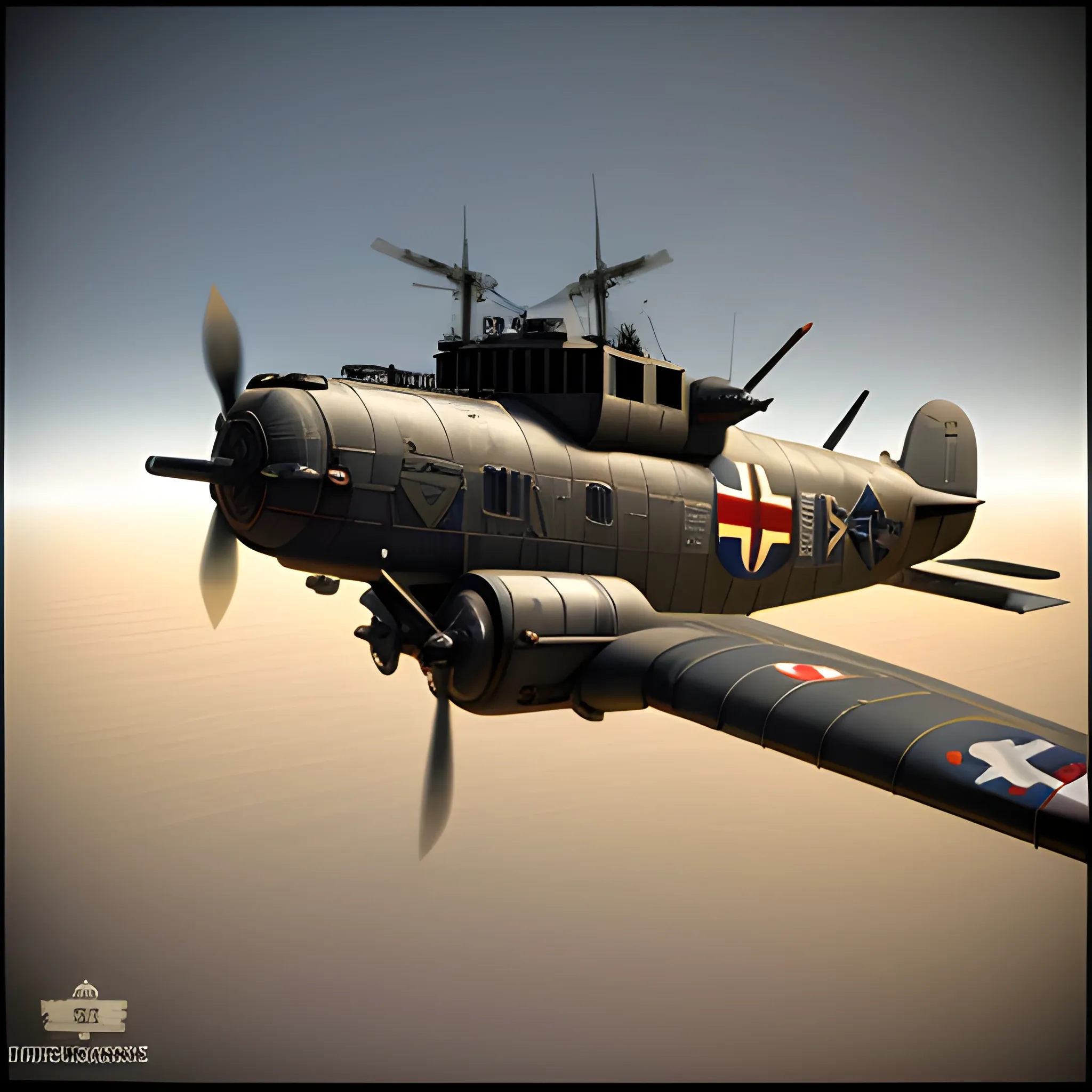 dieselpunk, best quality, gunship, war, combat , 3D,  firing guns, ww1 bomber, shooting, 8k, colored, flying over the seas, multiple ships