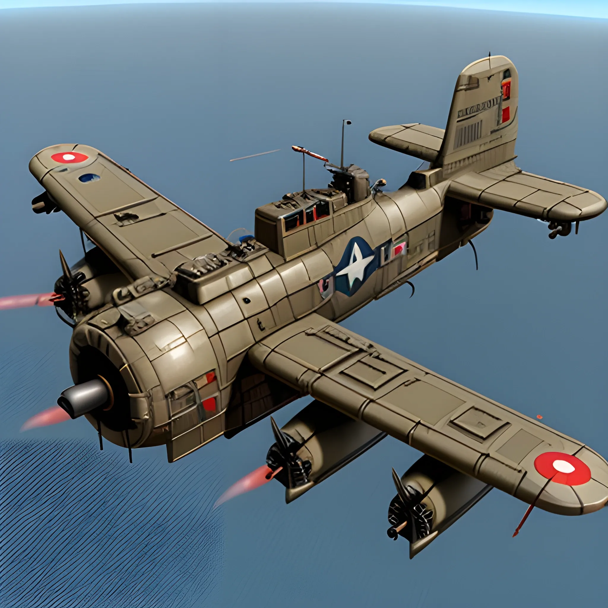 dieselpunk, best quality, gunship, war, combat , 3D,  firing guns, ww1 bomber, shooting, 8k, colored, flying over the seas, multiple ships