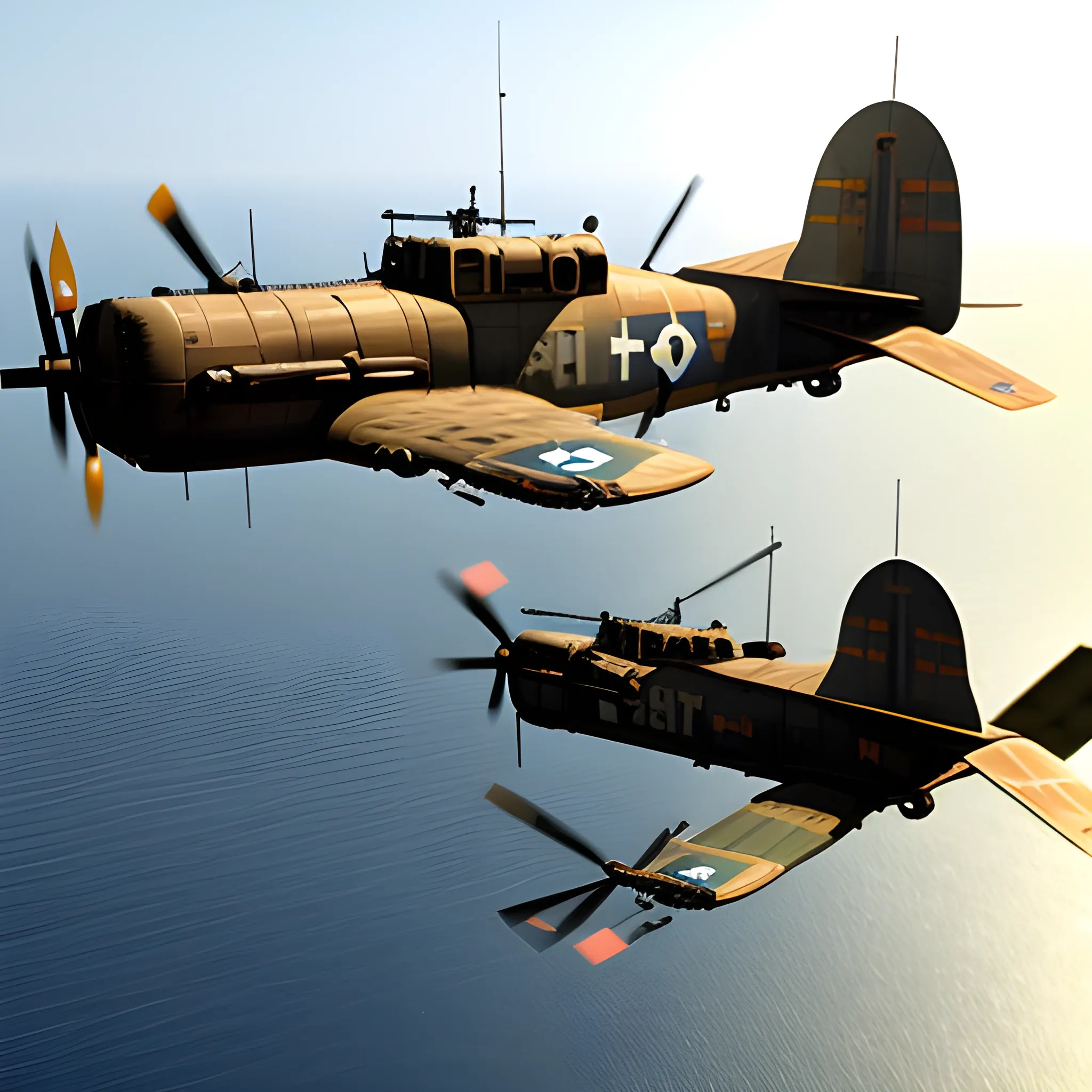 dieselpunk, best quality, gunship, war, combat , 3D,  firing guns, ww1 bomber, shooting, 8k, colored, flying over the seas, multiple ships