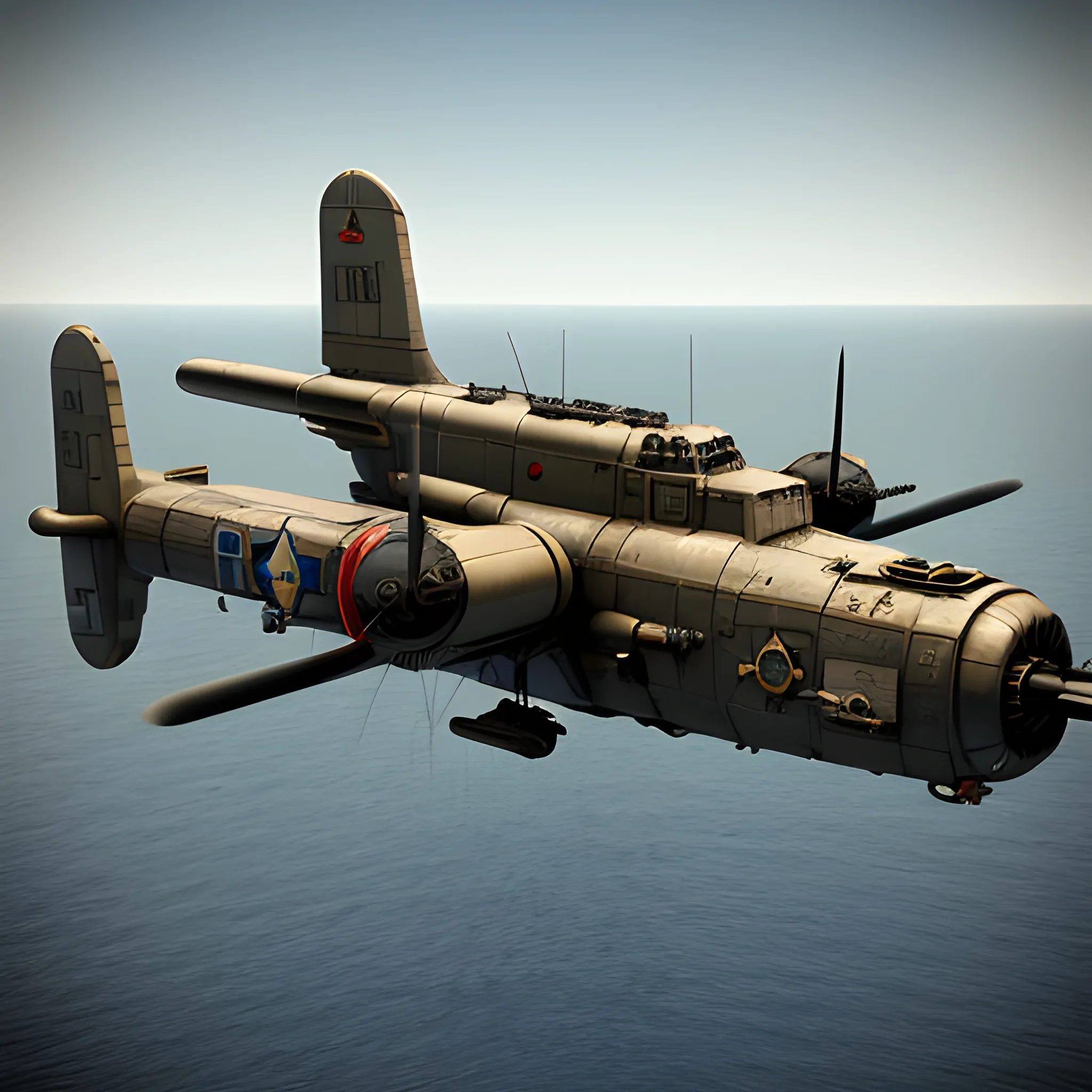 dieselpunk, best quality, gunship, war, combat , 3D,  firing guns, ww1 bomber, shooting, 8k, colored, flying over the seas, multiple ships