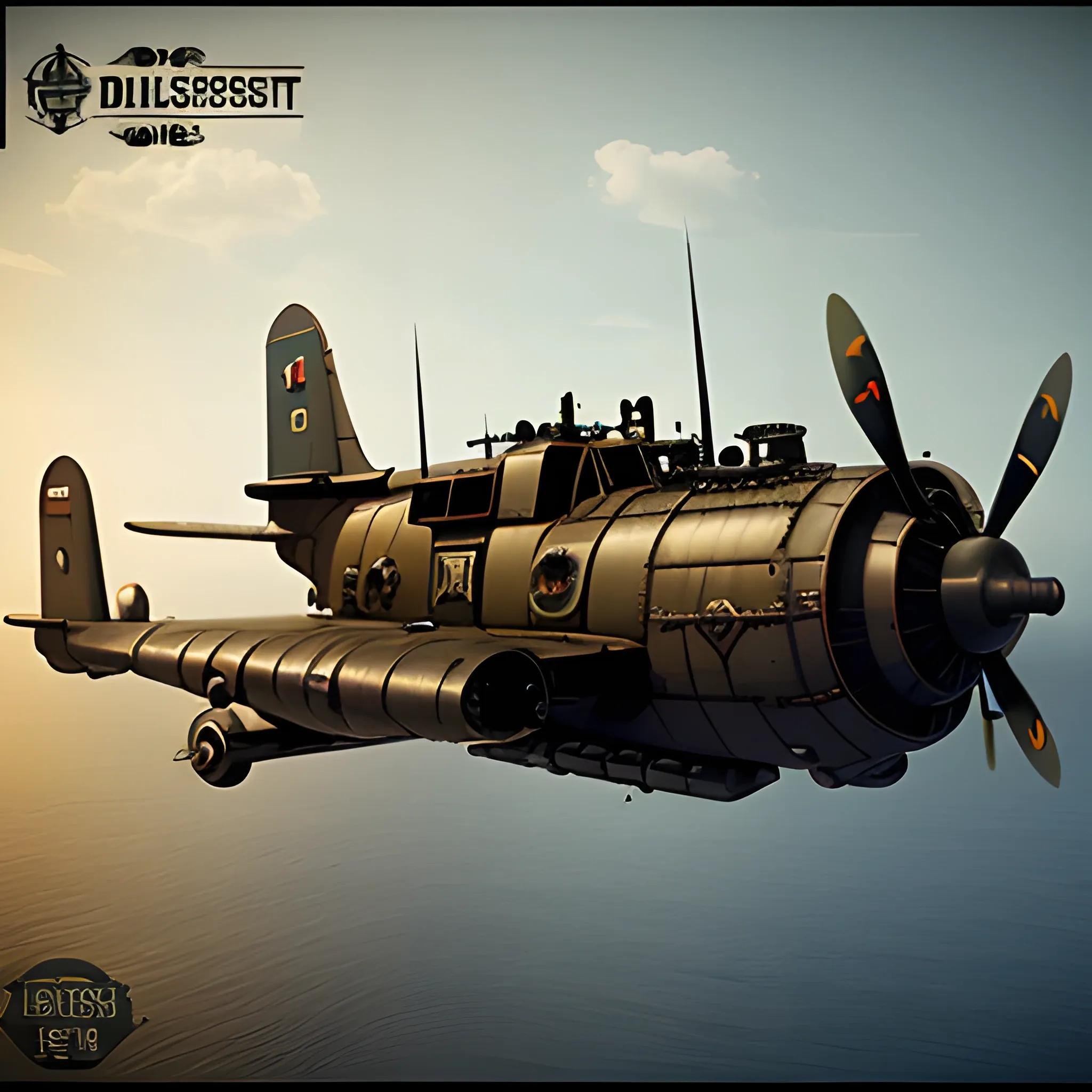 dieselpunk, best quality, gunship, war, combat , 3D,  firing guns, ww1 bomber, shooting, 8k, colored, flying over the seas, multiple ships