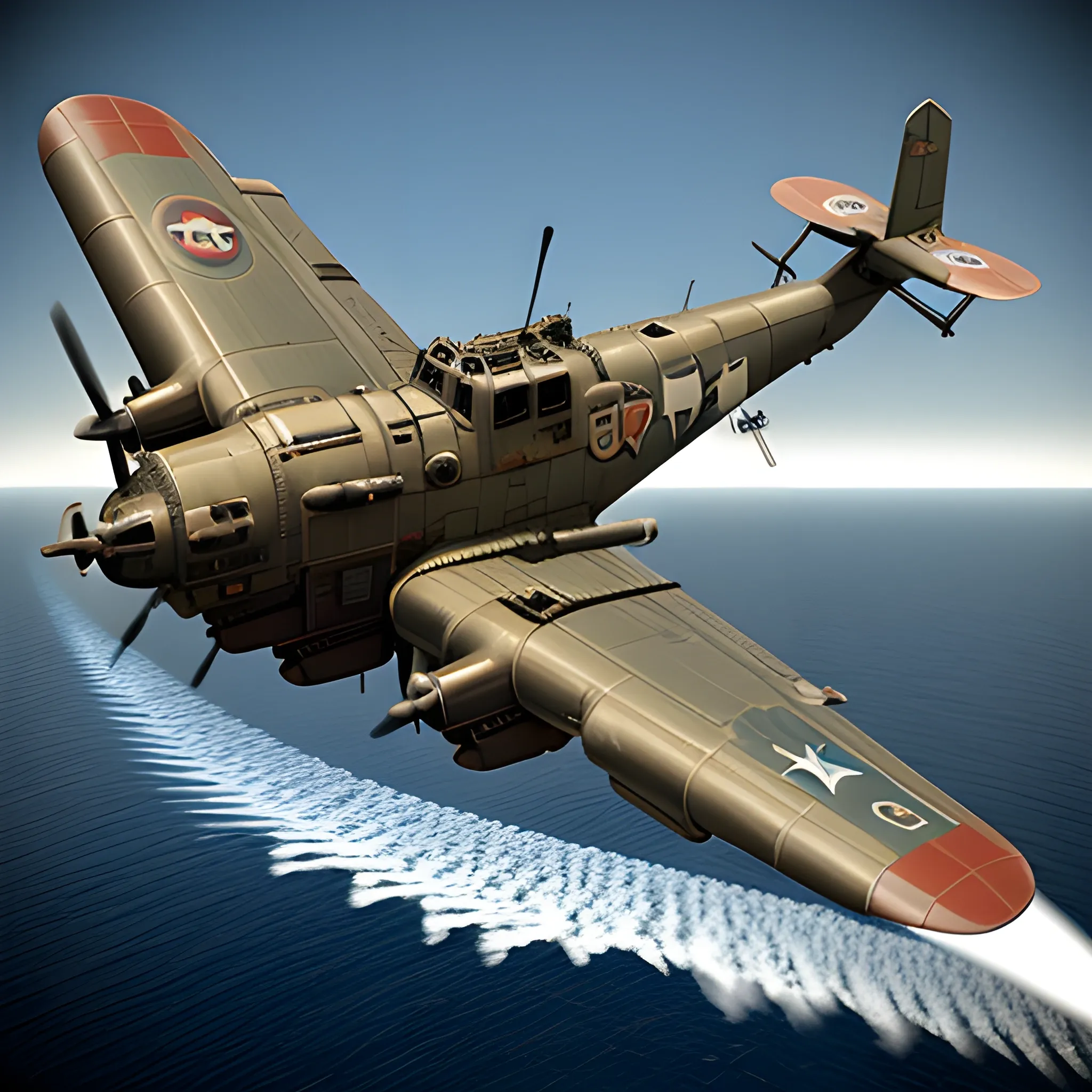 dieselpunk, best quality, gunship, war, combat , 3D,  firing guns, ww1 bomber, shooting, 8k, colored, flying over the seas, multiple ships