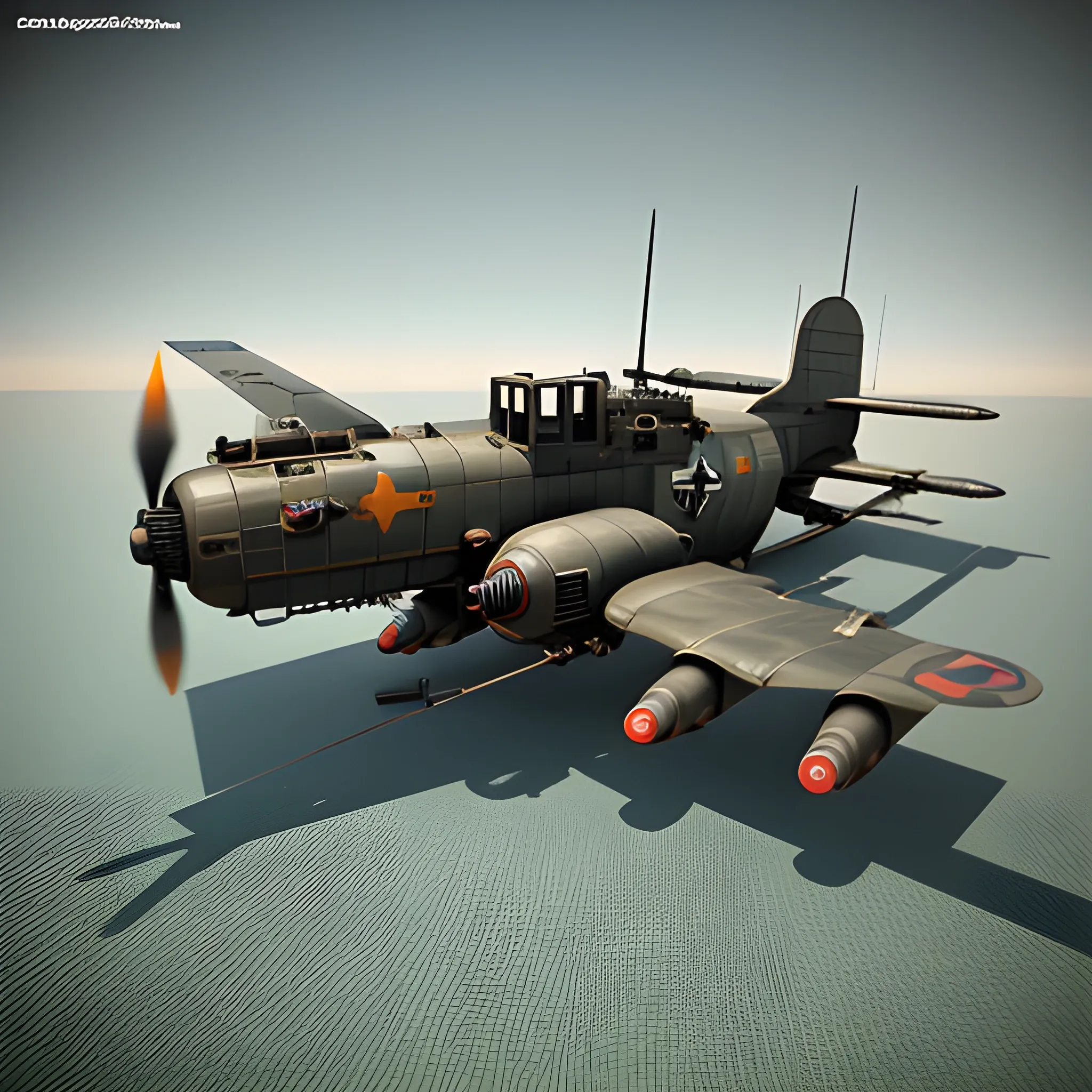 dieselpunk, best quality, gunship, war, combat , 3D,  firing guns, ww1 bomber, shooting, 8k, colored, flying over the seas, multiple ships