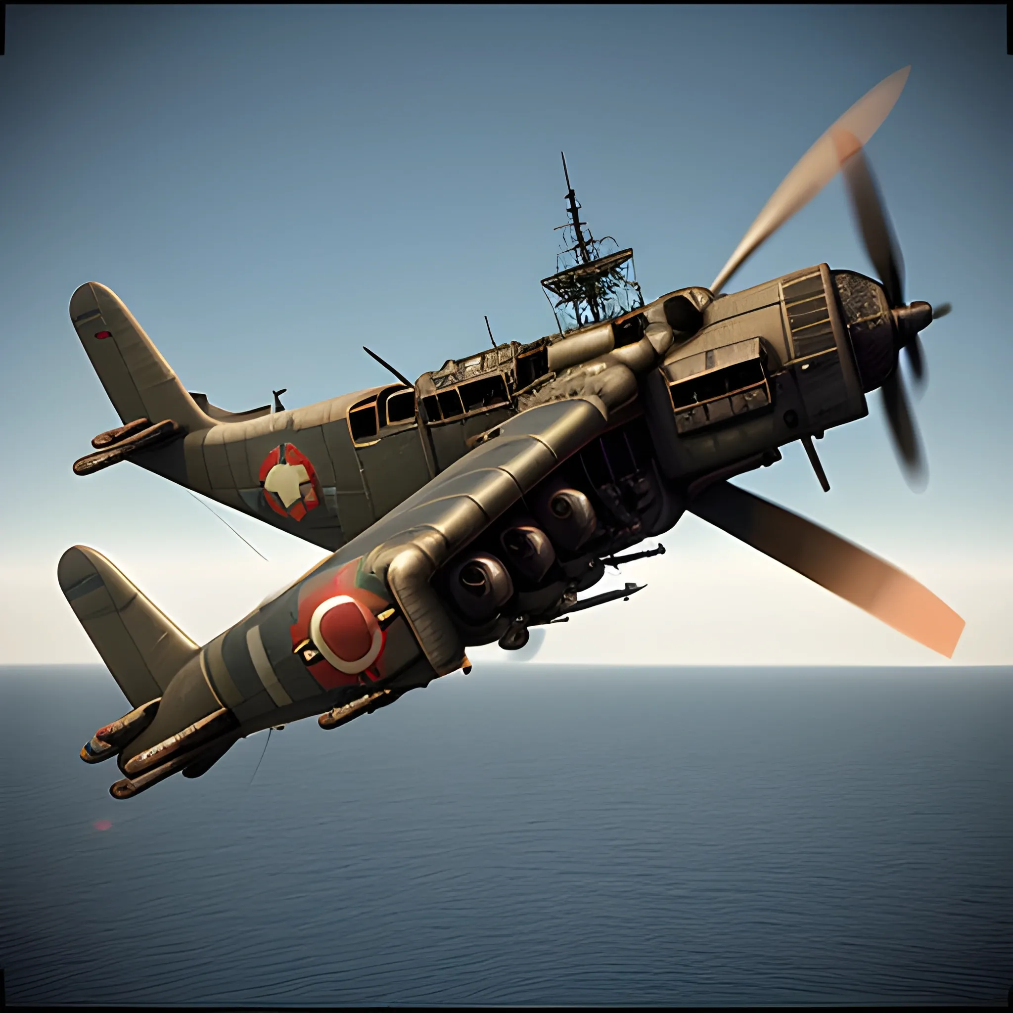 dieselpunk, best quality, gunship, war, combat , 3D,  firing guns, ww1 bomber, shooting, 8k, colored, flying over the seas, multiple ships