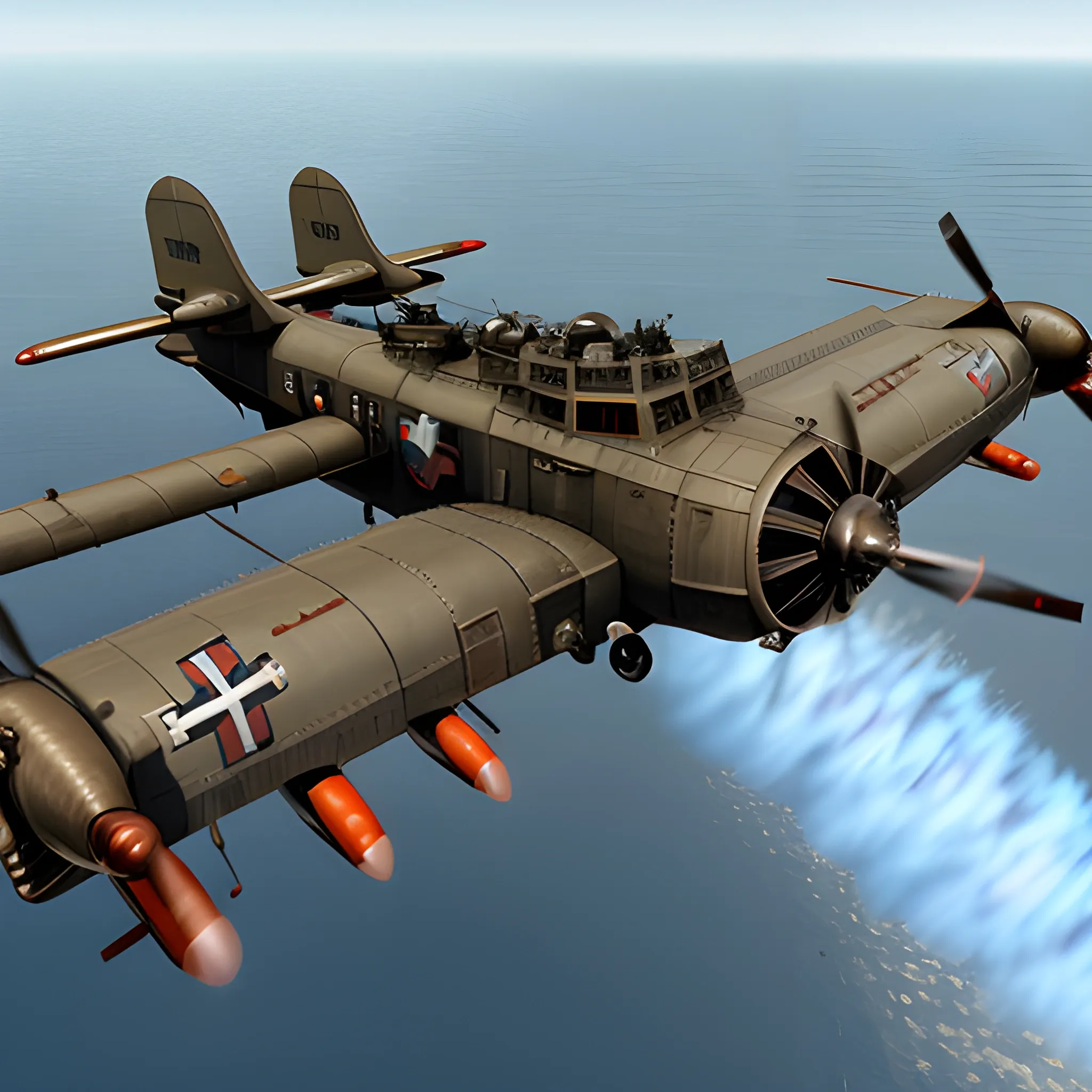 dieselpunk, best quality, gunship, war, combat , 3D,  firing guns, ww1 bomber, shooting, 8k, colored, flying over the seas, multiple ships