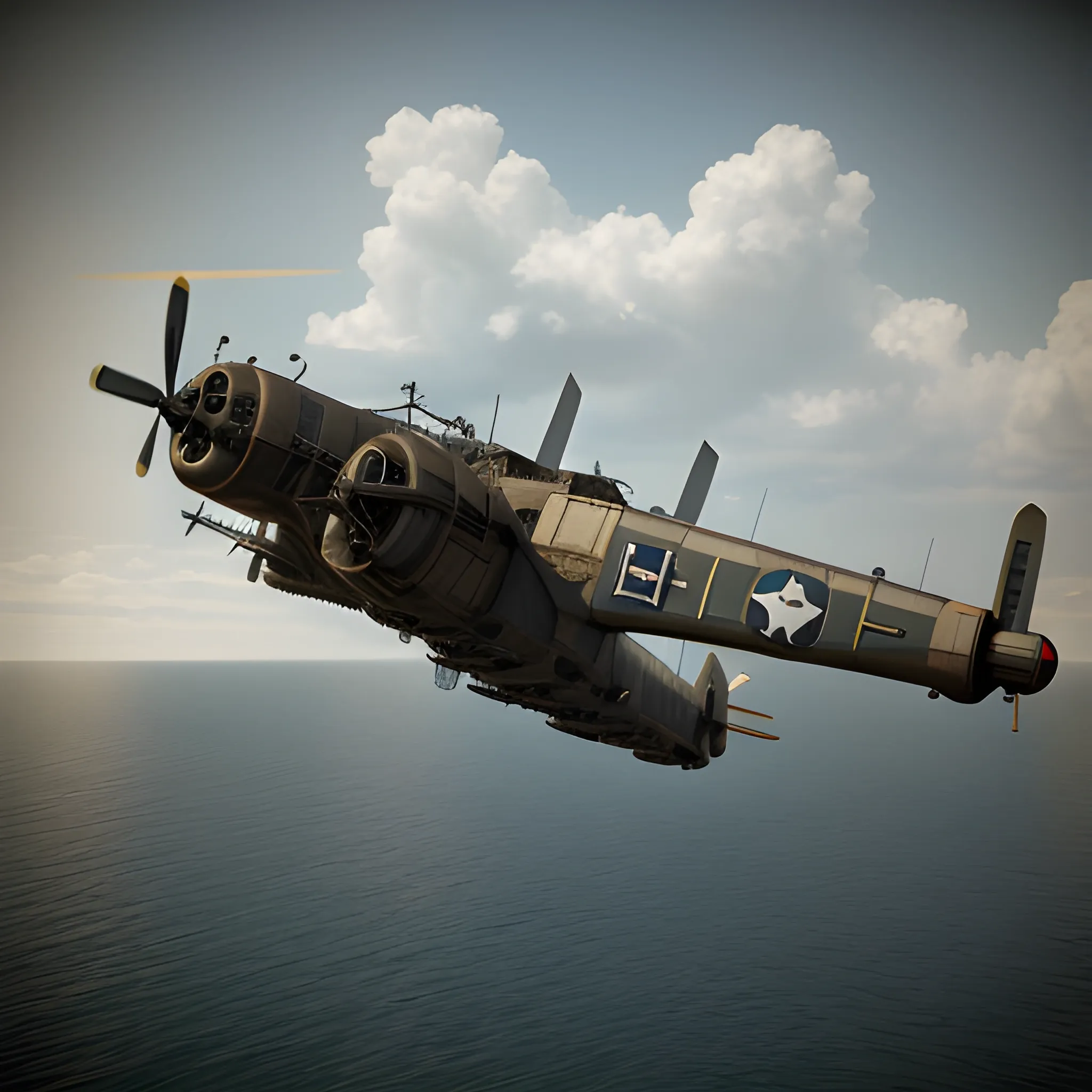 dieselpunk, best quality, gunship, war, combat , 3D,  firing guns, ww1 bomber, shooting, 8k, colored, flying over the seas, multiple ships