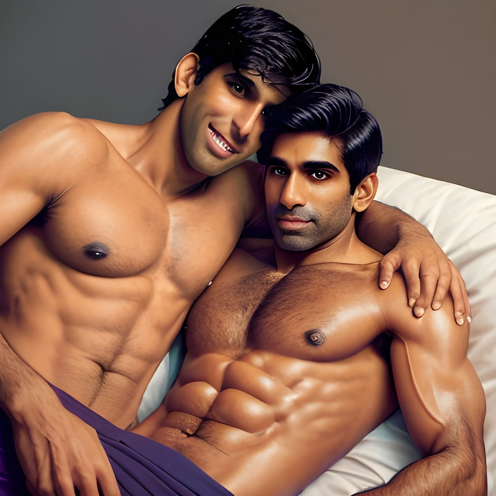 a realistic photo of shirtless rishi sunak cuddling with sean connery