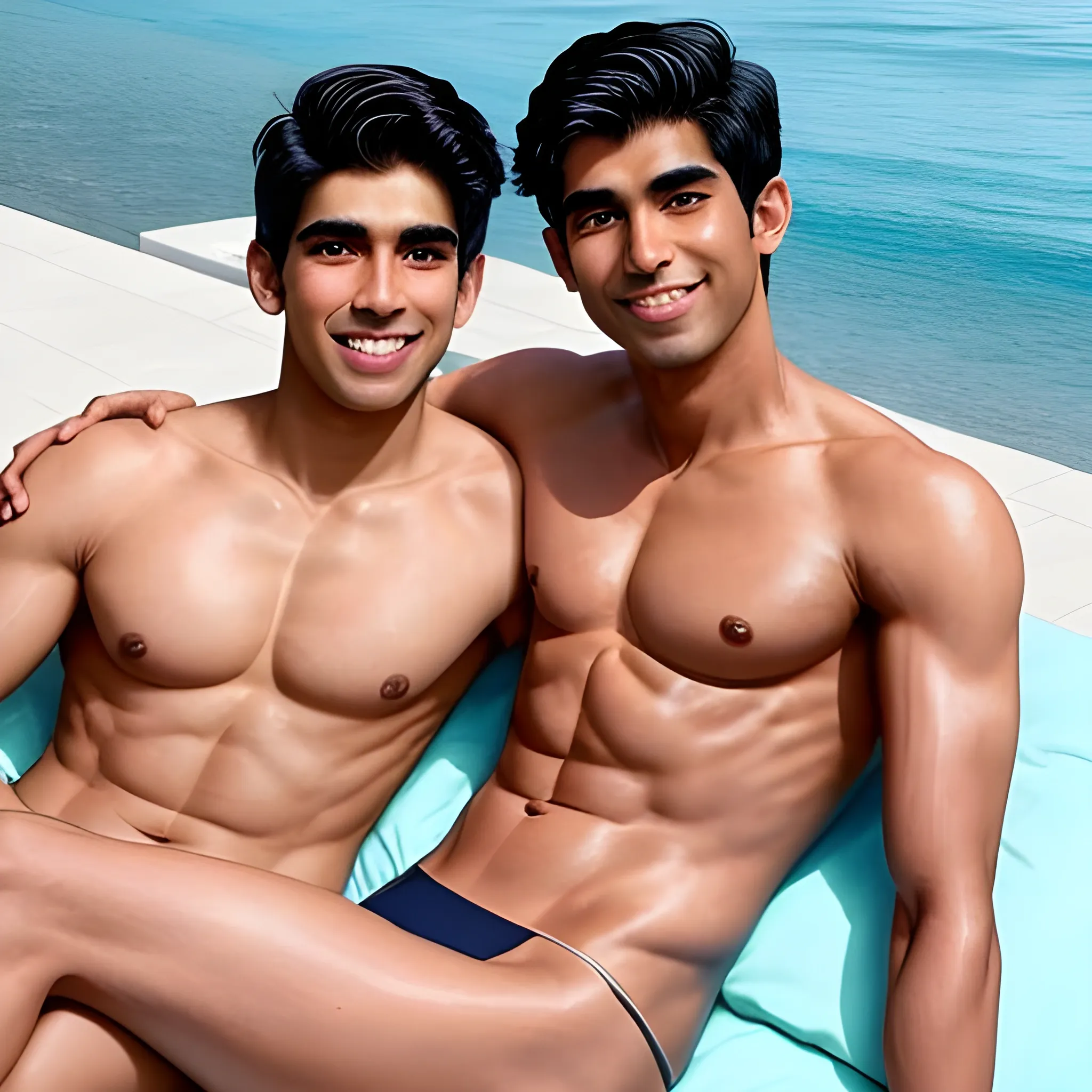 a realistic photo of shirtless rishi sunak cuddling with henry golding