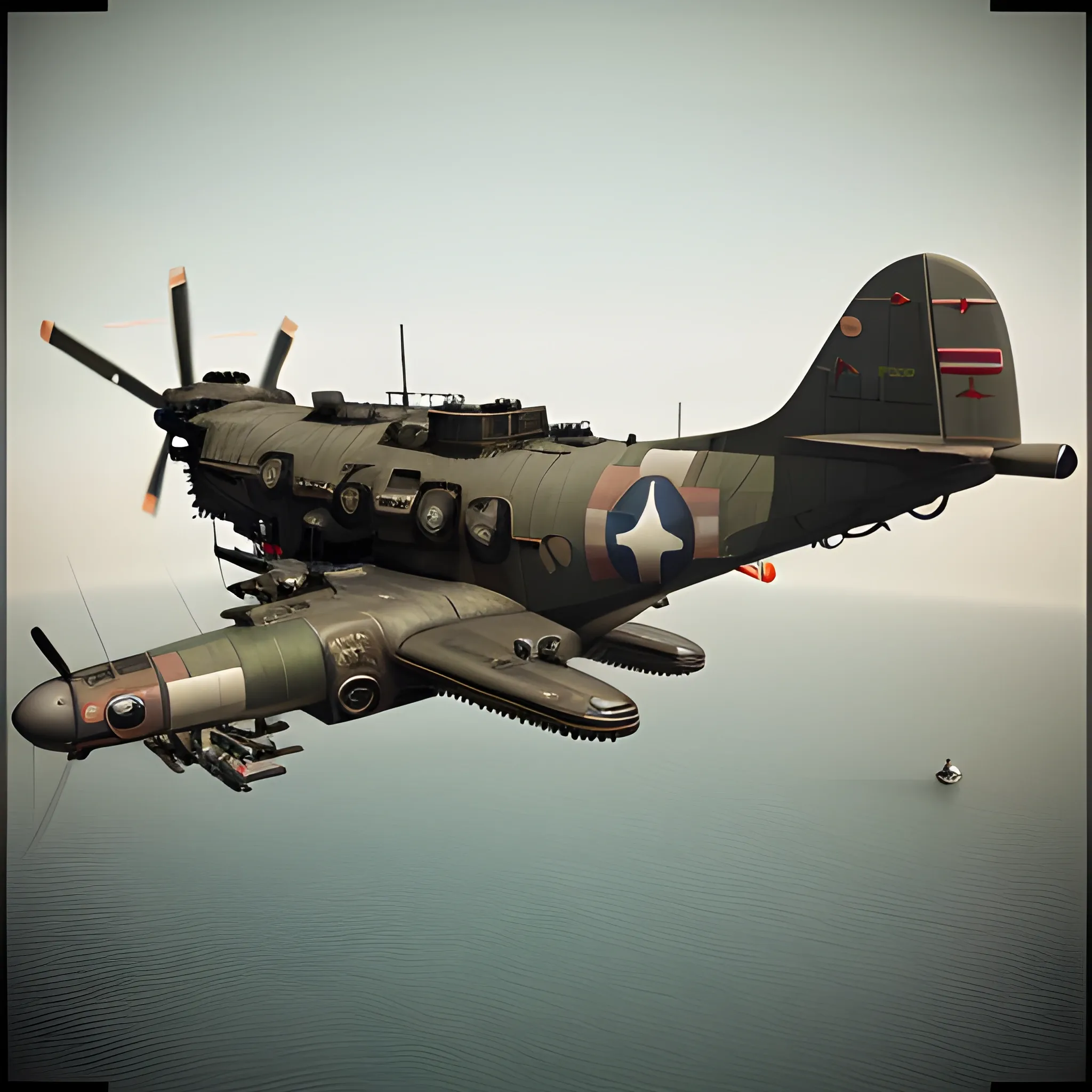 dieselpunk, best quality, gunship, war, combat , 3D,  firing guns, ww1 bomber, shooting, 8k, colored, flying over the seas, multiple ships