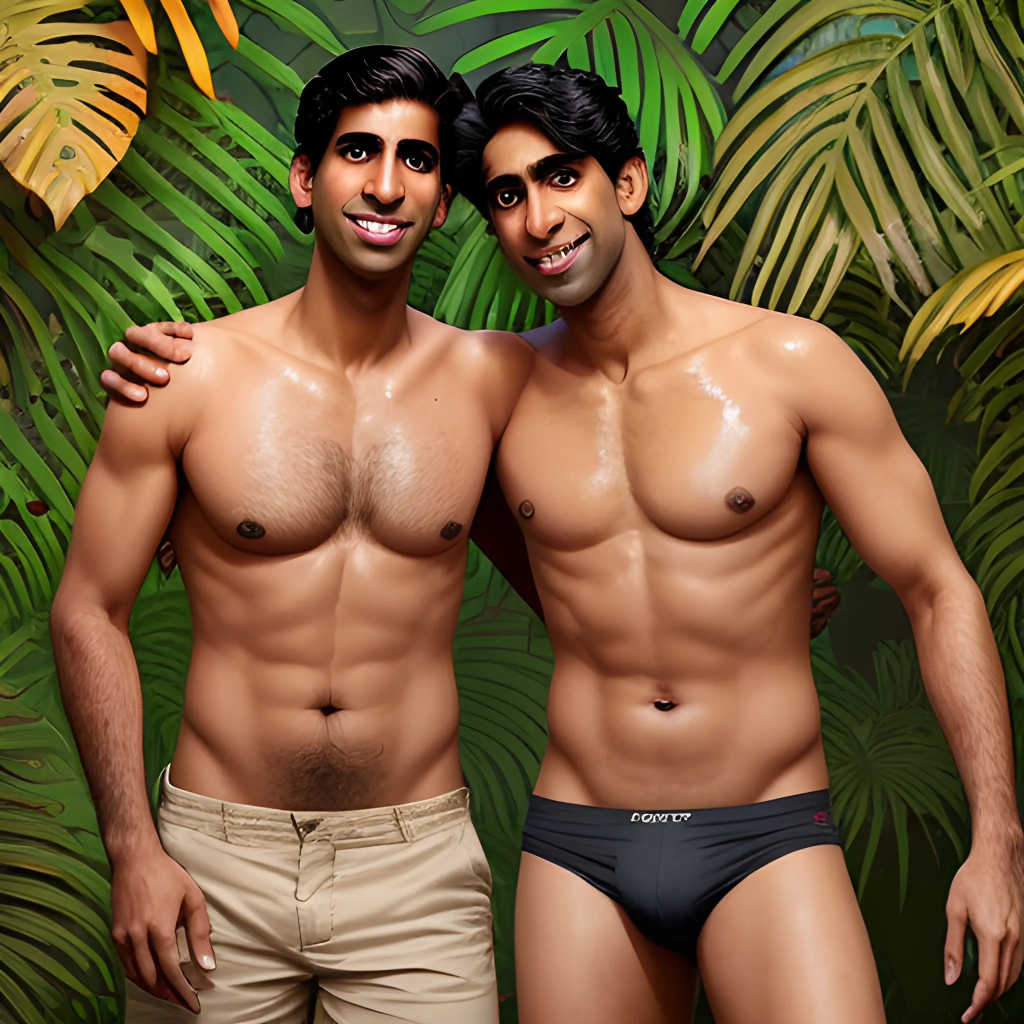 a realistic photo of shirtless rishi sunak cuddling with kumail nanjiani in a sweaty jungle