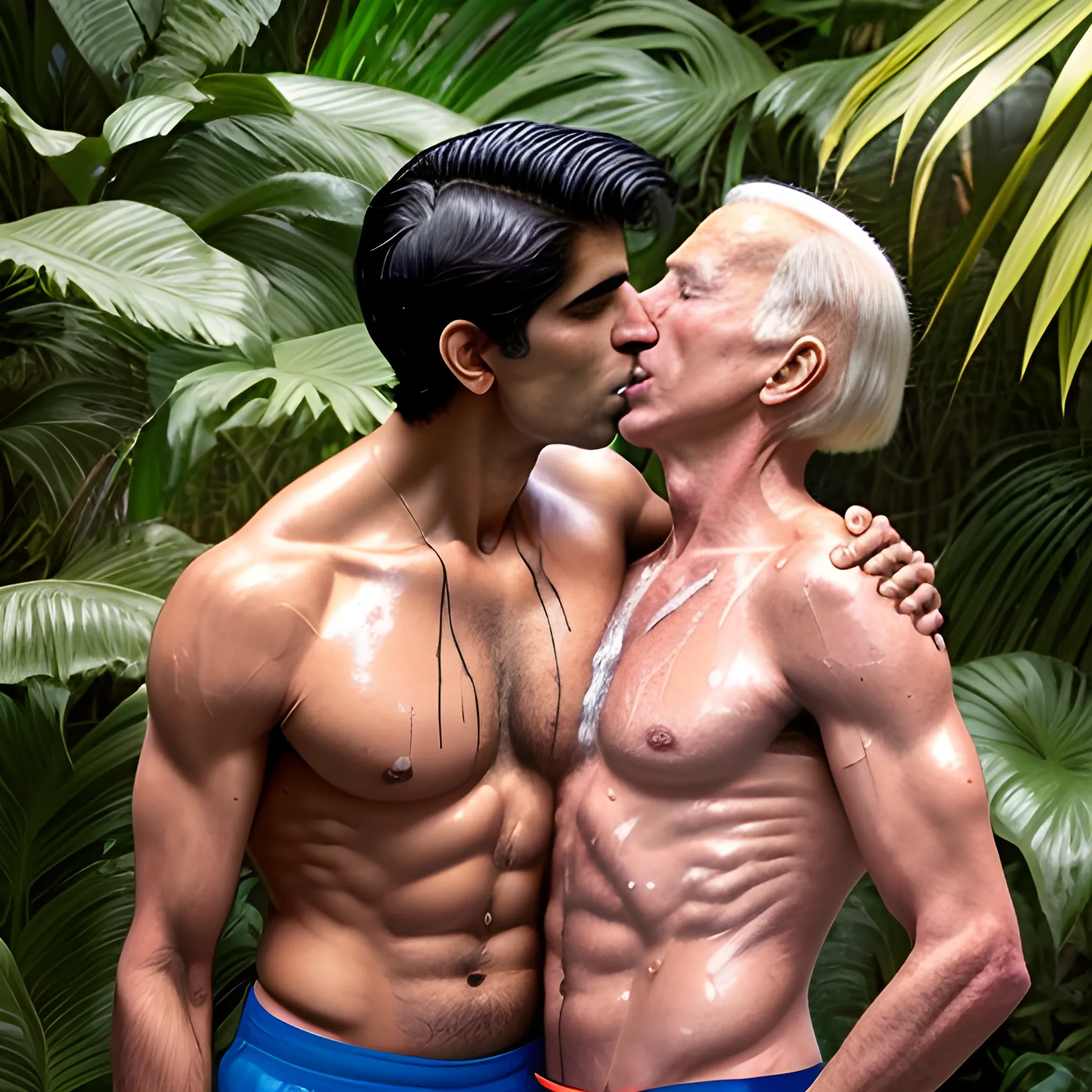 an hd photo of shirtless rishi sunak kissing joe biden in a sweaty jungle