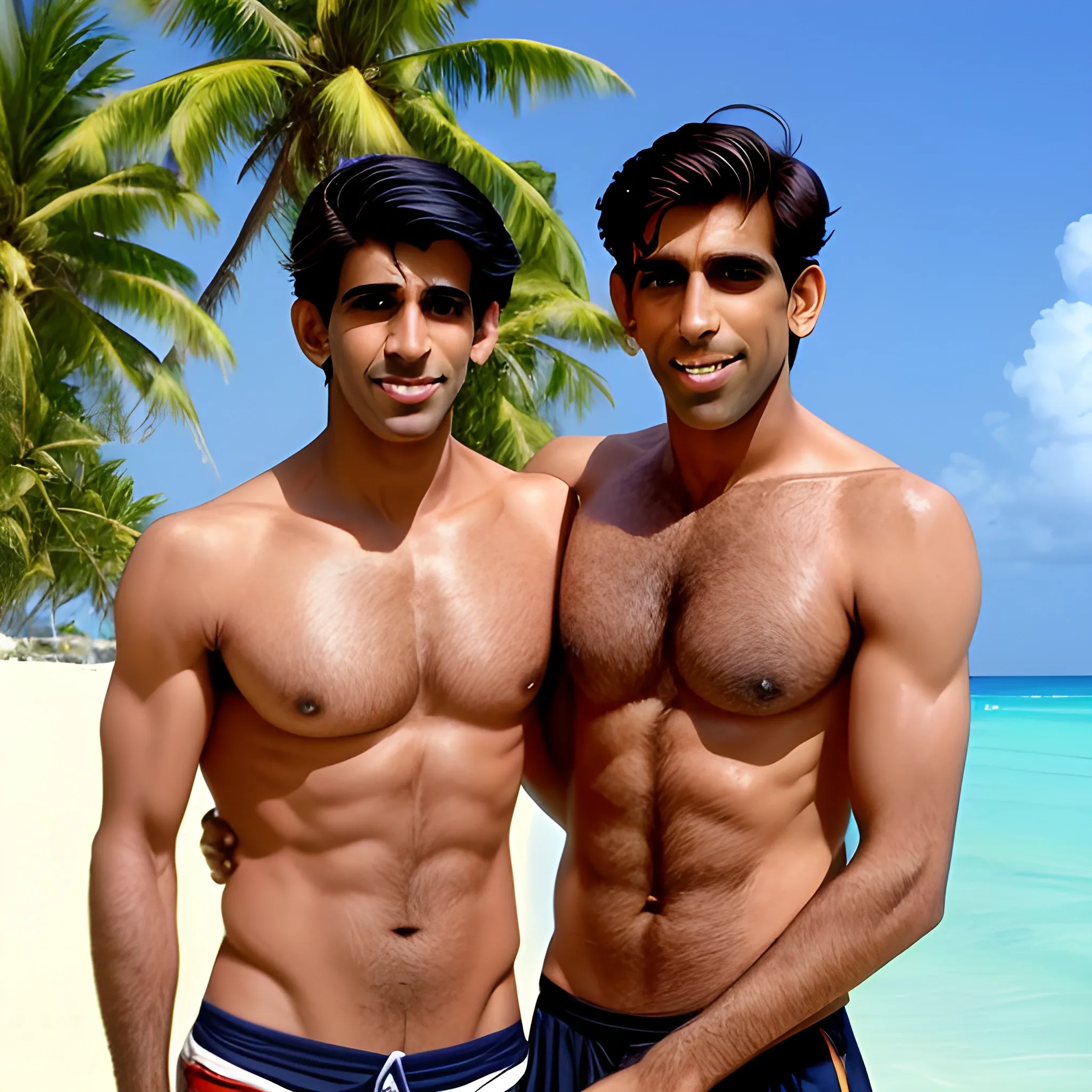 an hd photo of shirtless rishi sunak holding sean connery on a tropical beach