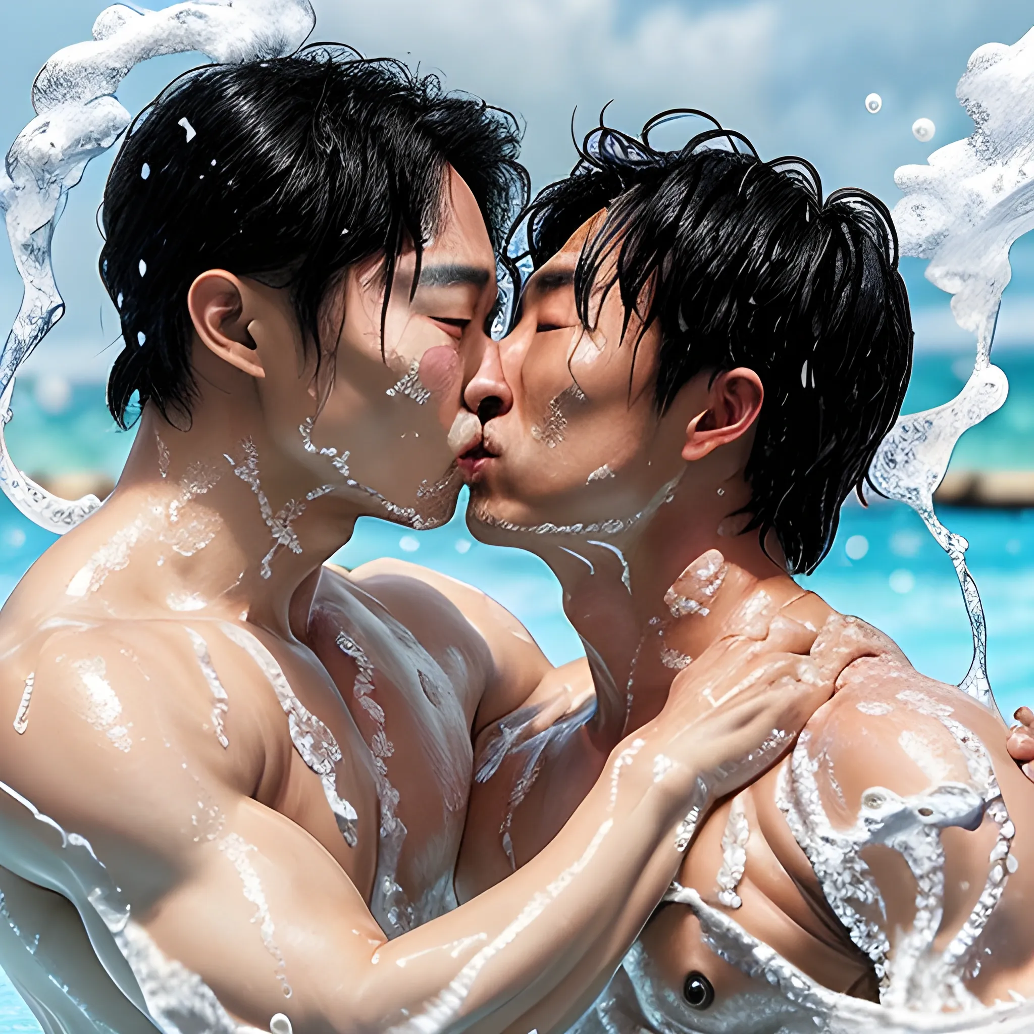 an hd photo of shirtless daniel dae kim kissing gong yoo at a foam party