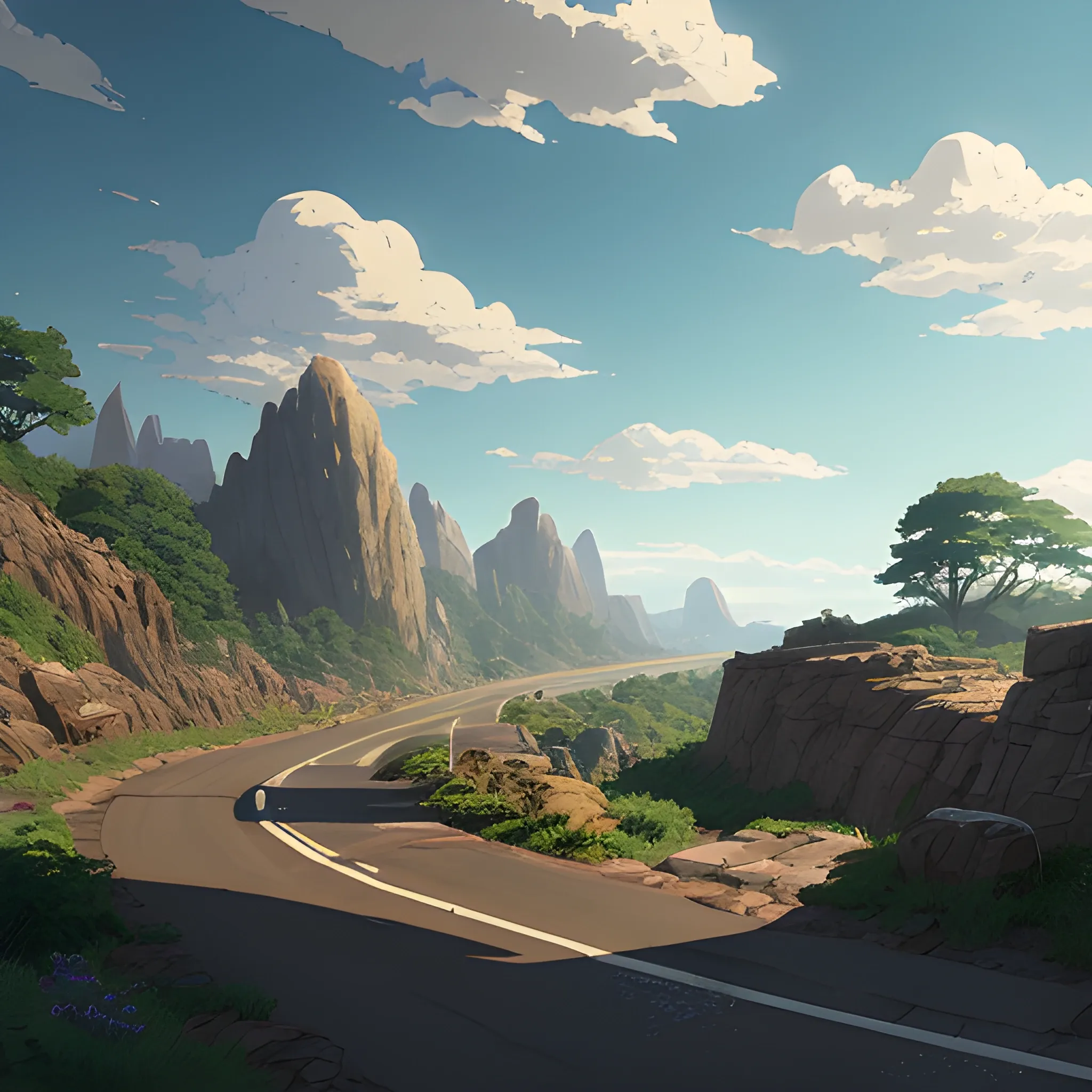 Play area, rock, with road.... in the style of makoto shinkai and greg rutkowski and albert bierstadt and james gurney