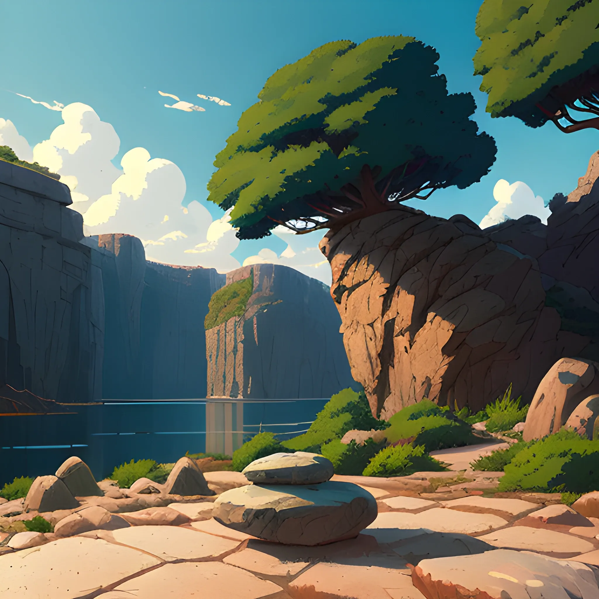 Play area, rock... in the style of makoto shinkai and greg rutkowski and albert bierstadt and james gurney