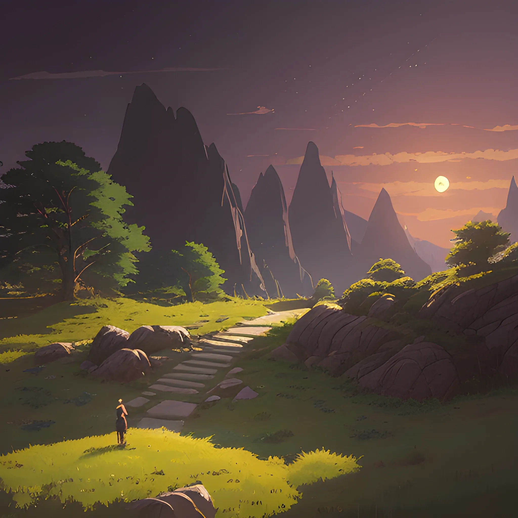 rock with grass in the night... in the style of makoto shinkai and greg rutkowski and albert bierstadt and james gurney