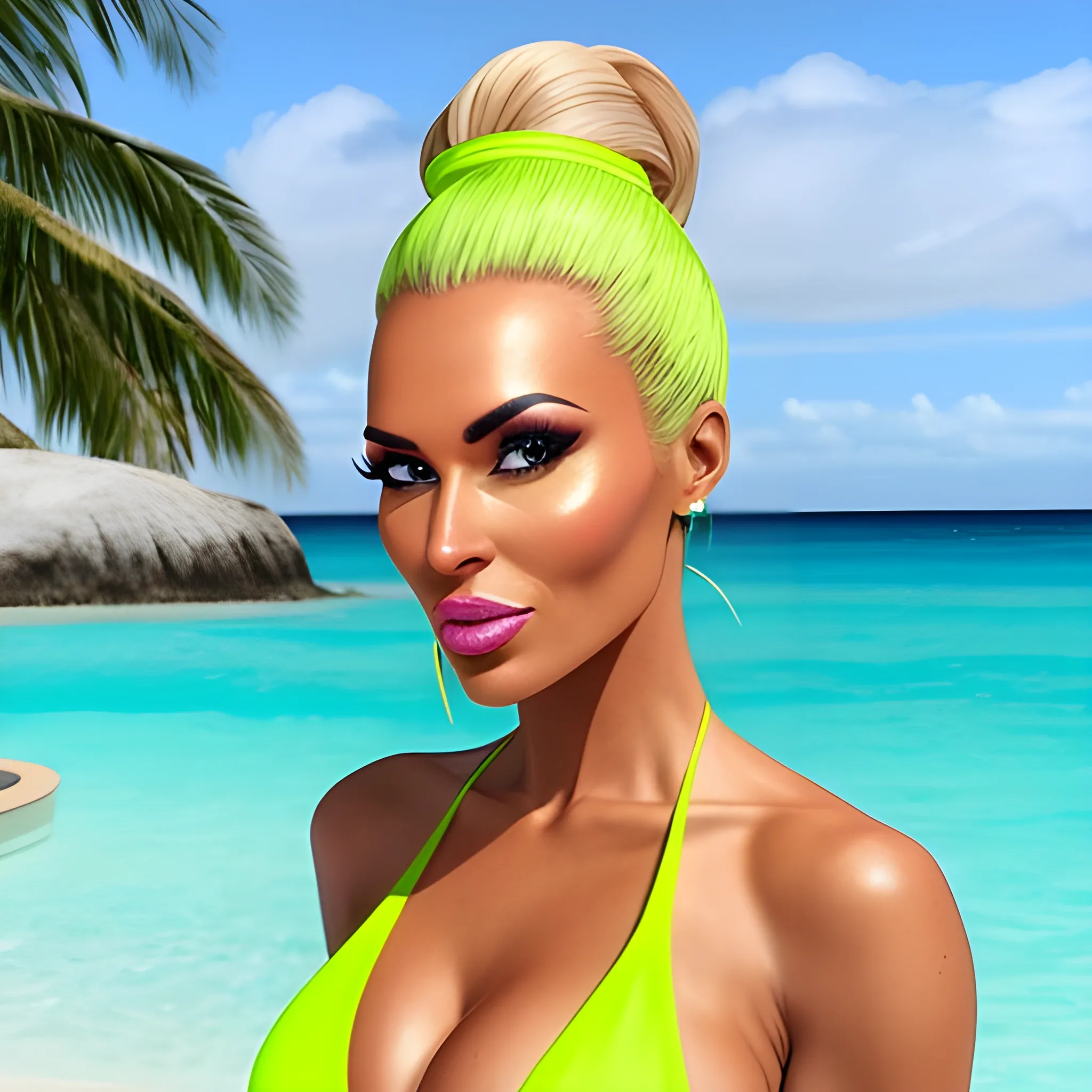 Realistic, young British women, long face, tan skin tone, pretty, stunning, beautiful, gorgeous, wearing a lime green bikini