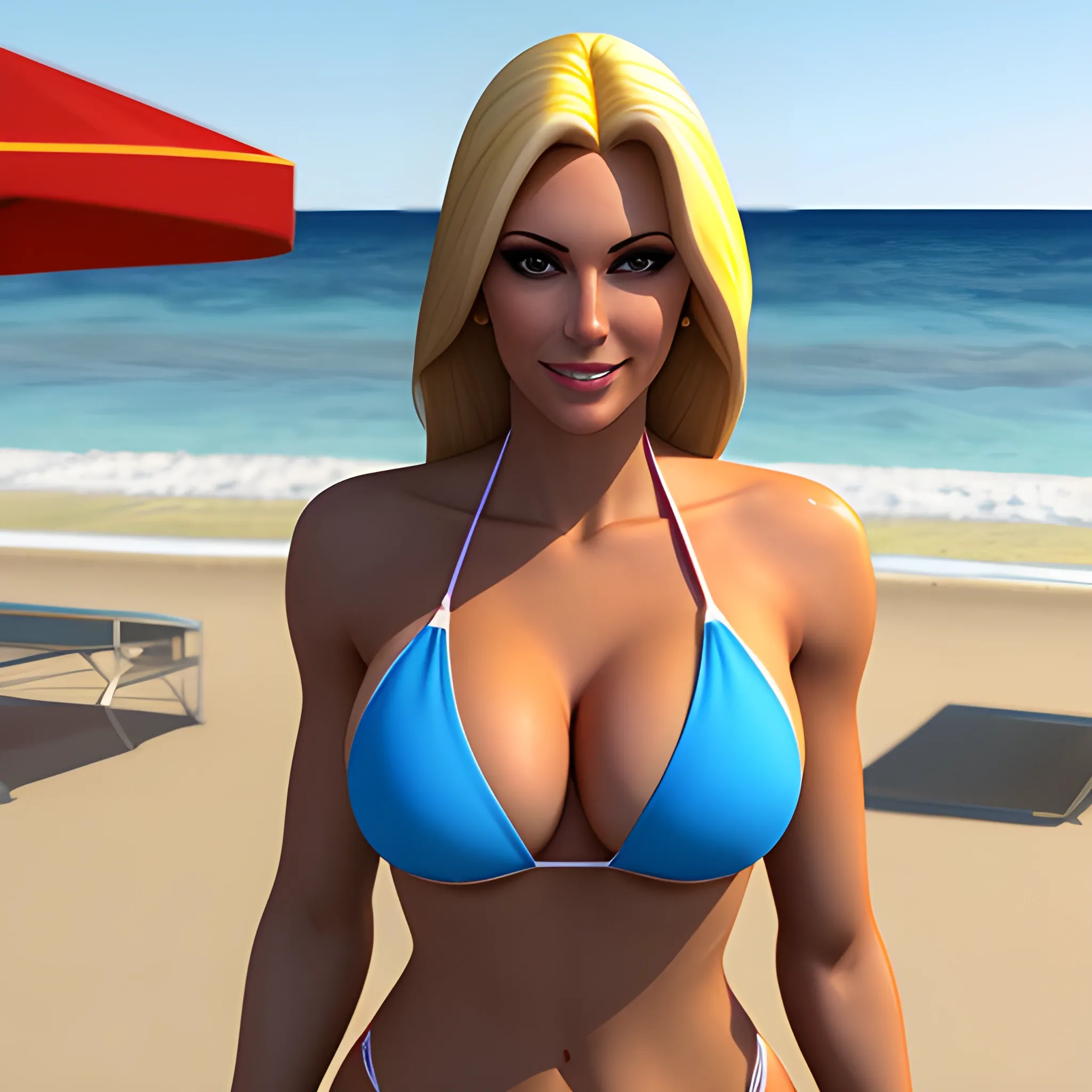 Blond girl at beach in bikini, 3D