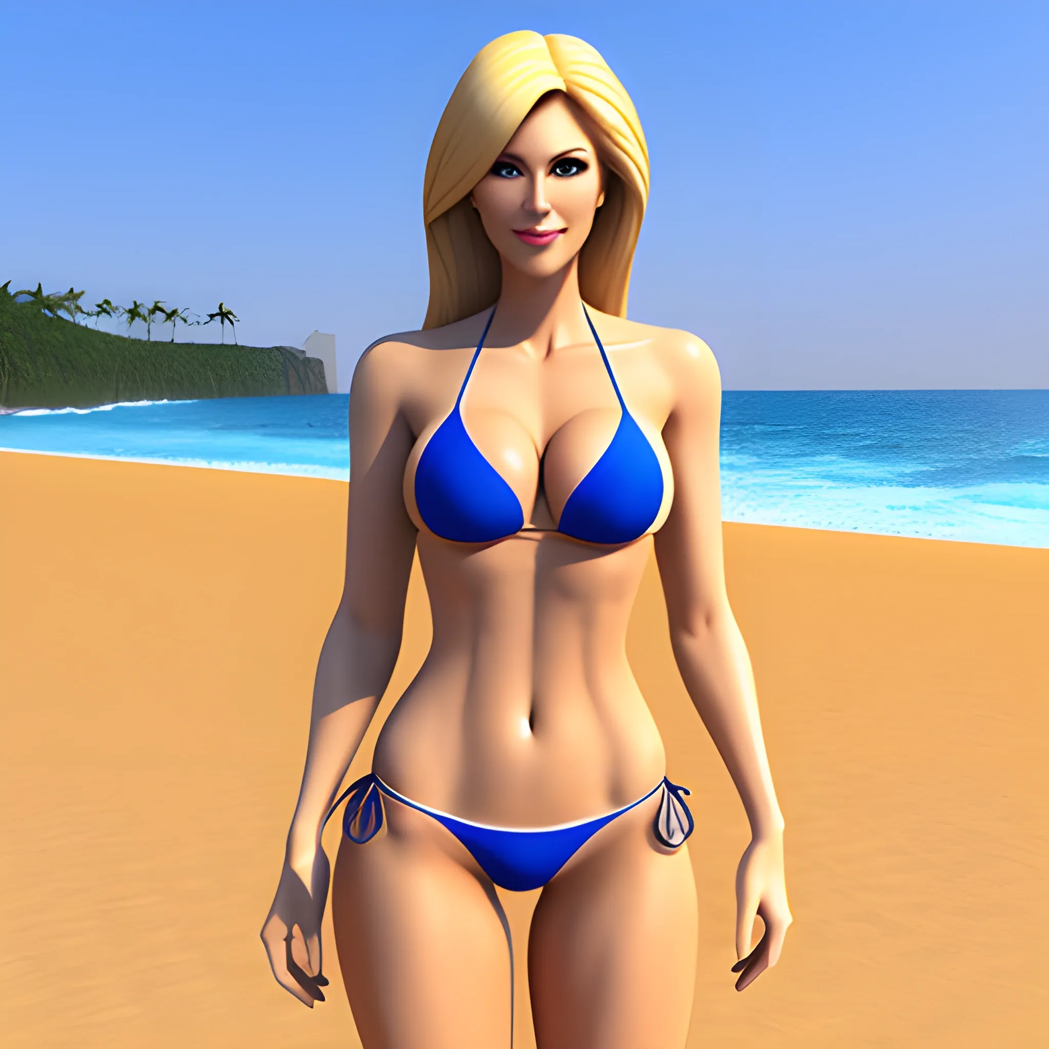 Blond girl at beach in bikini full body, 3D