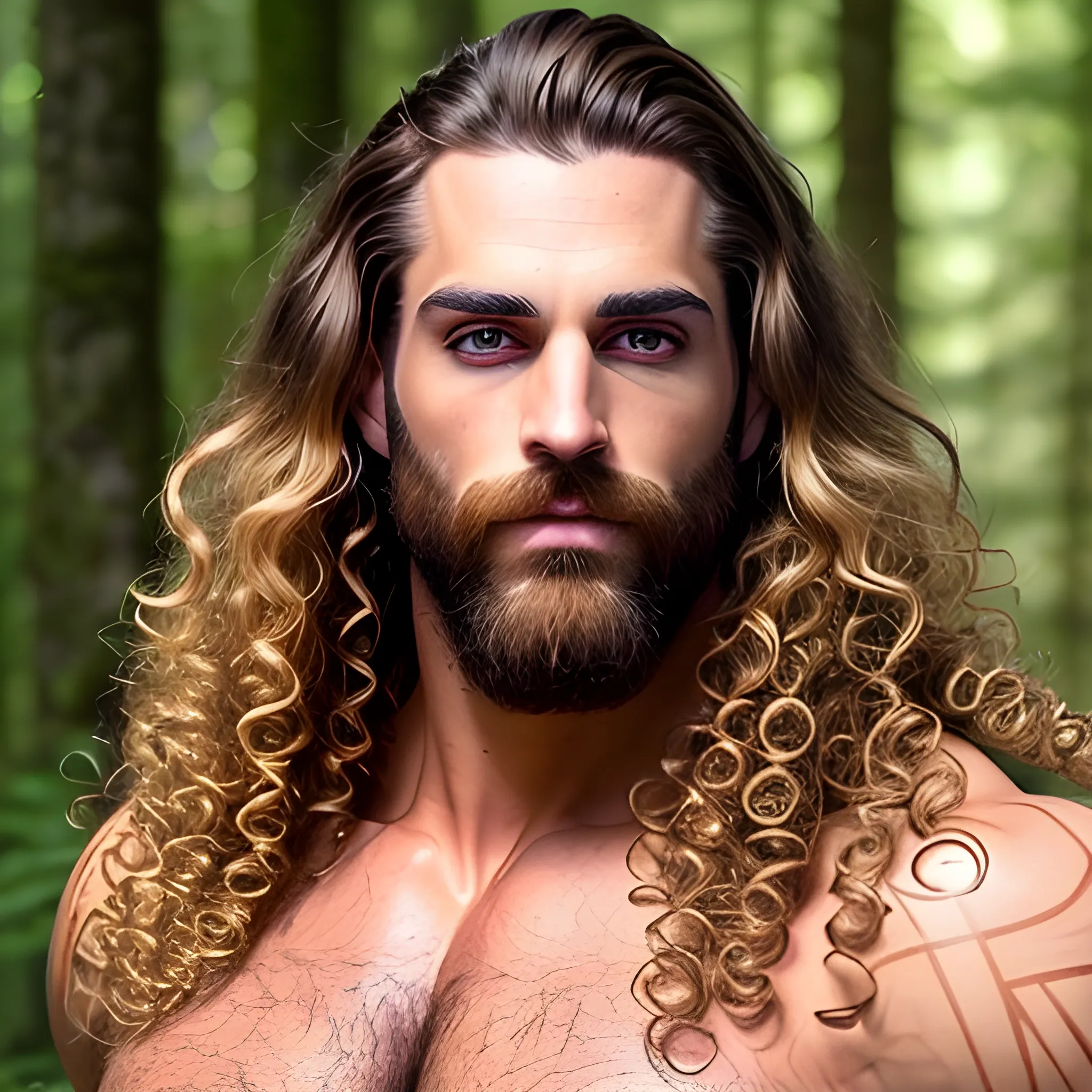dude in nature,handsome,beauty,muscle, no blurry,dark eyes,hyperealistic stand,german, tanned skin,long curly hair,blondhair,colorfull small tanga with gold details,same facial halves, from side ,happy,whole body with legs,big bulge,clear eyes,huge bulge,hairy,fine details, young,two identical symmetrical eyes,same colofull eyes, stubble ,blond,very long hair