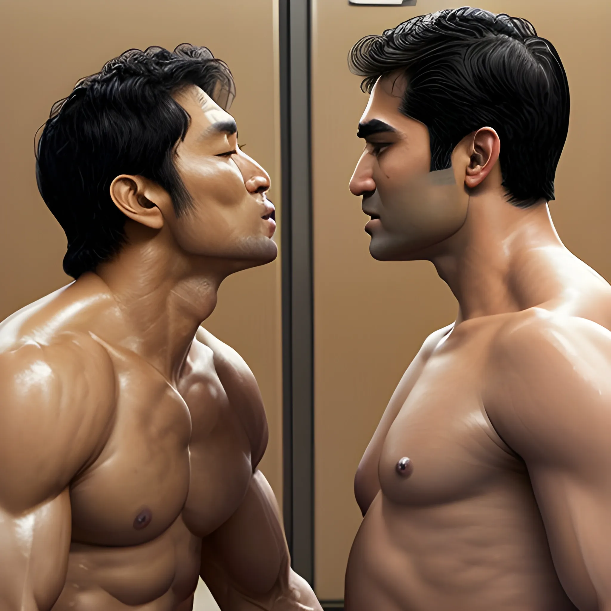 an oil painting of shirtless daniel dae kim kissing kumail nanjiani in a gym locker room