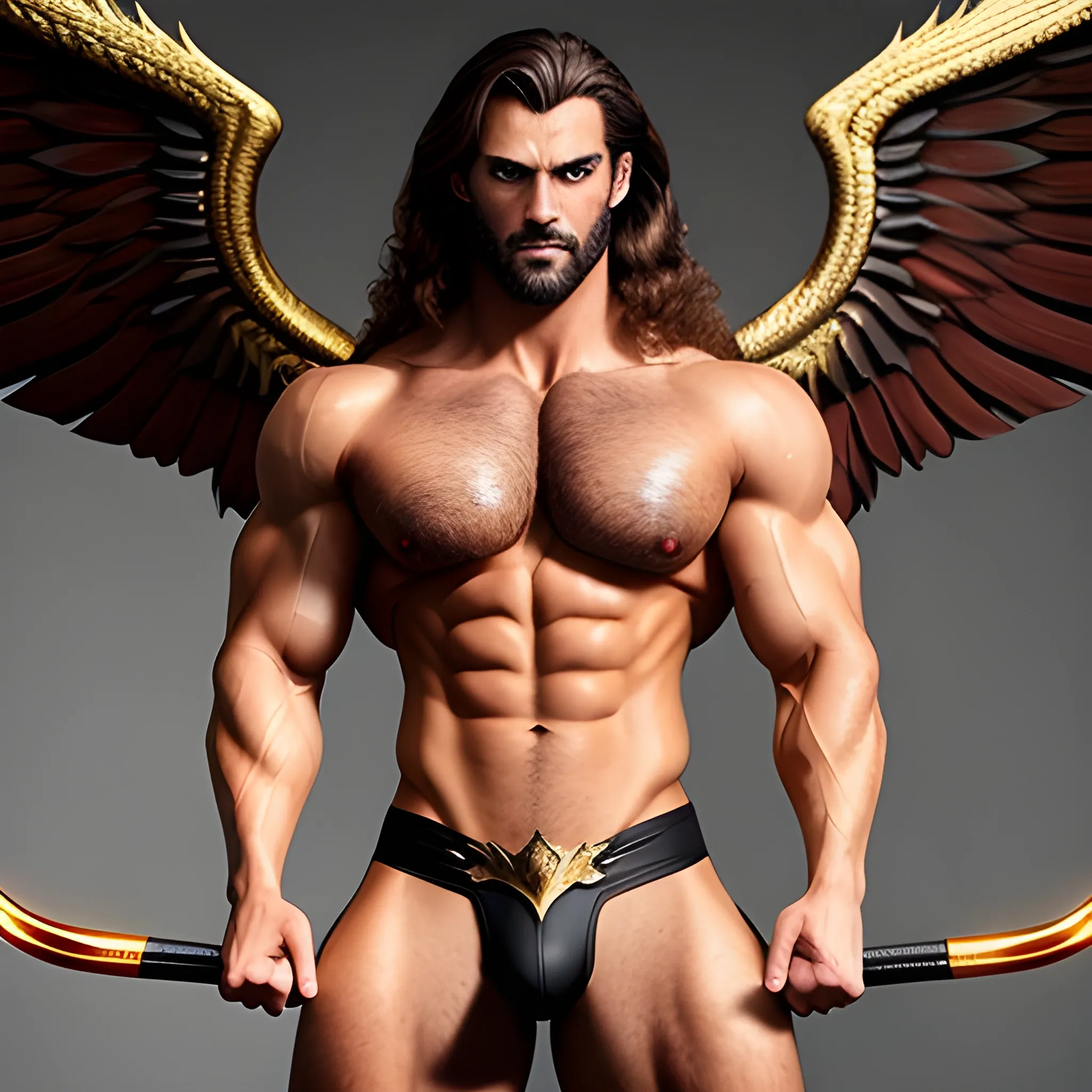 muscular male Devil with expansive Wings,handsome,beauty,muscle, no blurry,dark eyes,hyperealistic standing firmly,german, tanned skin,long curly hair,blondhair,colorfull small tanga with gold details,same facial halves, from side ,happy,whole body with legs,big bulge,dark piercing  eyes,huge bulge,hairy,fine details, young,two identical symmetrical eyes,same colofull eyes, stubble ,blond,very long hair cascading over a hairy Chest,reminiscent of an Angel,gripping a Staff