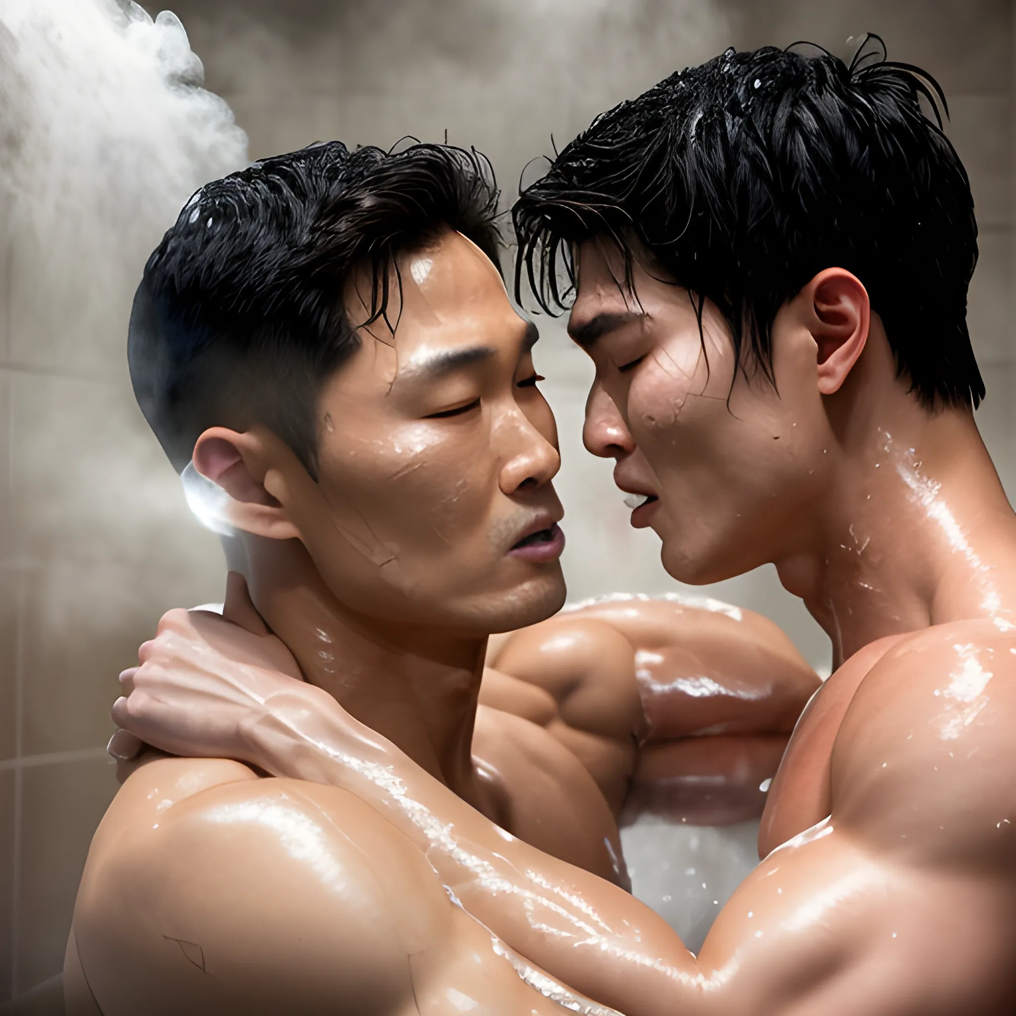 an hd photo of shirtless daniel dae kim kissing charles melton in a steam room