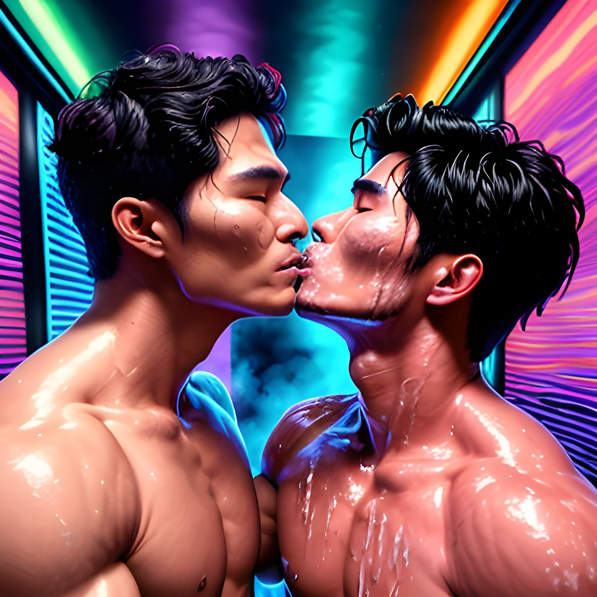 a trippy synthwave oil painting of shirtless daniel dae kim kissing charles melton in a steam room