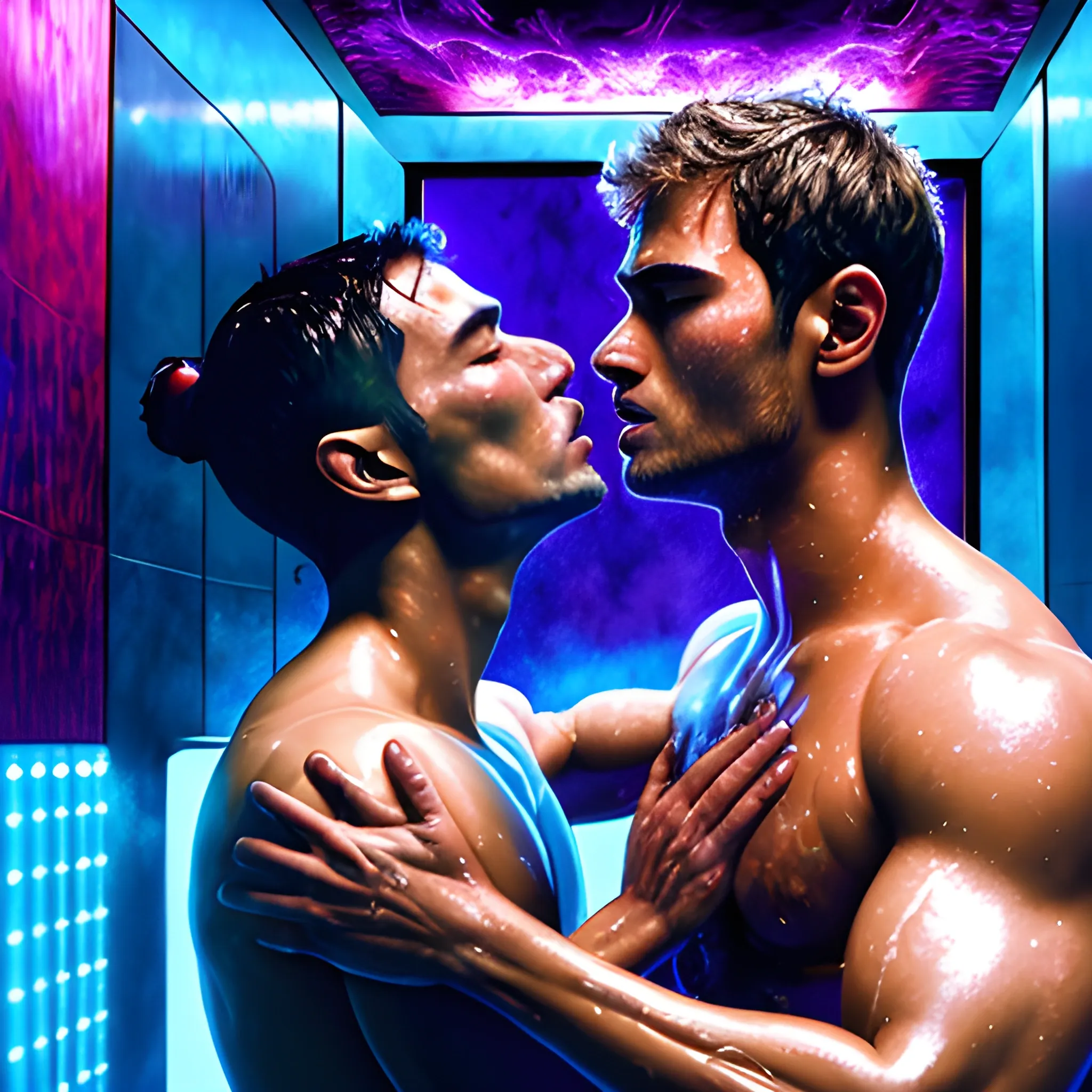 a trippy synthwave oil painting of shirtless daniel dae kim kissing theo james in a steam room