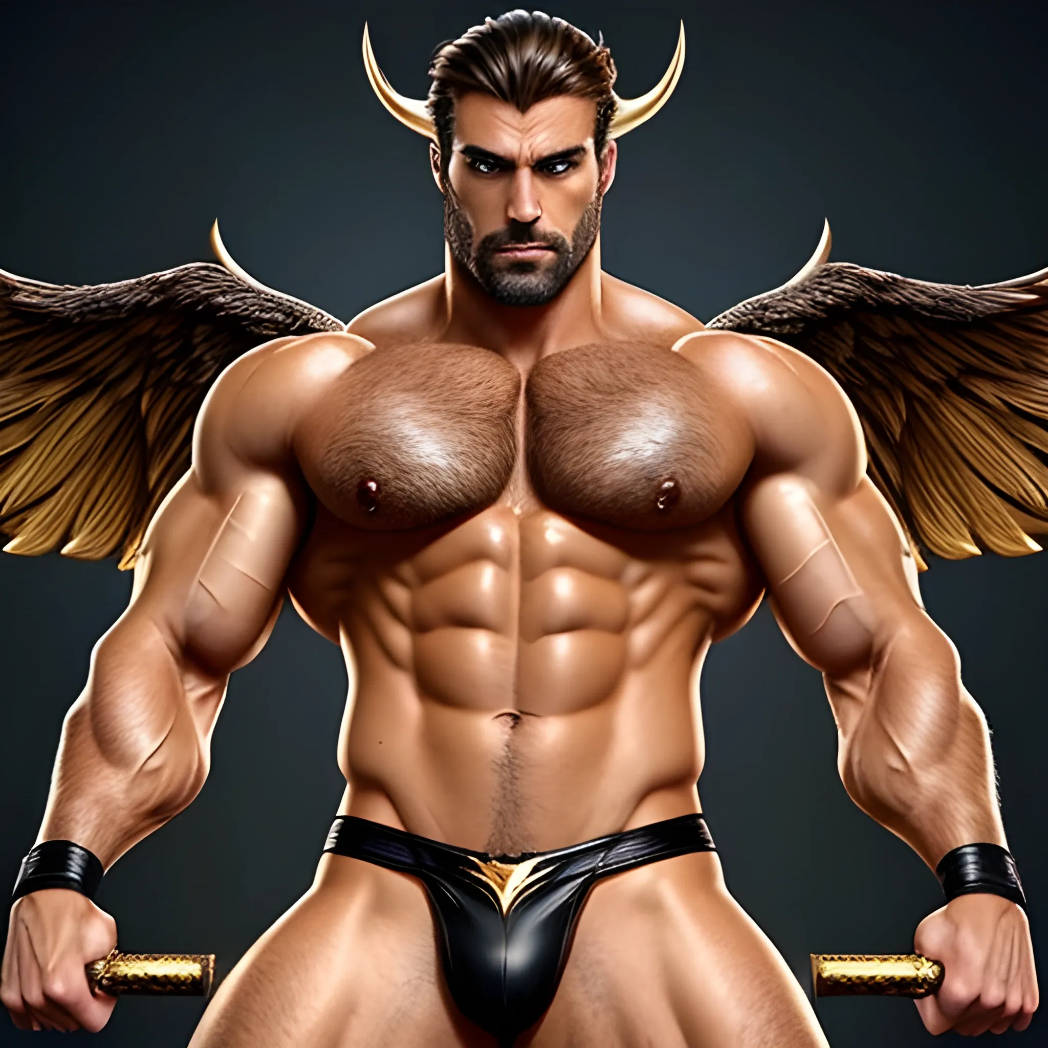 muscular male Devil with expansive Wings,handsome,beauty,muscle, no blurry,dark eyes,hyperealistic standing firmly,german, tanned skin,long curly hair,blondhair,colorfull small tanga with gold details,same facial halves, from side ,happy,whole body with legs,big bulge,dark piercing  eyes,huge bulge,hairy,fine details, young,two identical symmetrical eyes,same colofull eyes, stubble ,blond,very long hair cascading over a hairy Chest,reminiscent of an Angel,gripping a Staff,moon