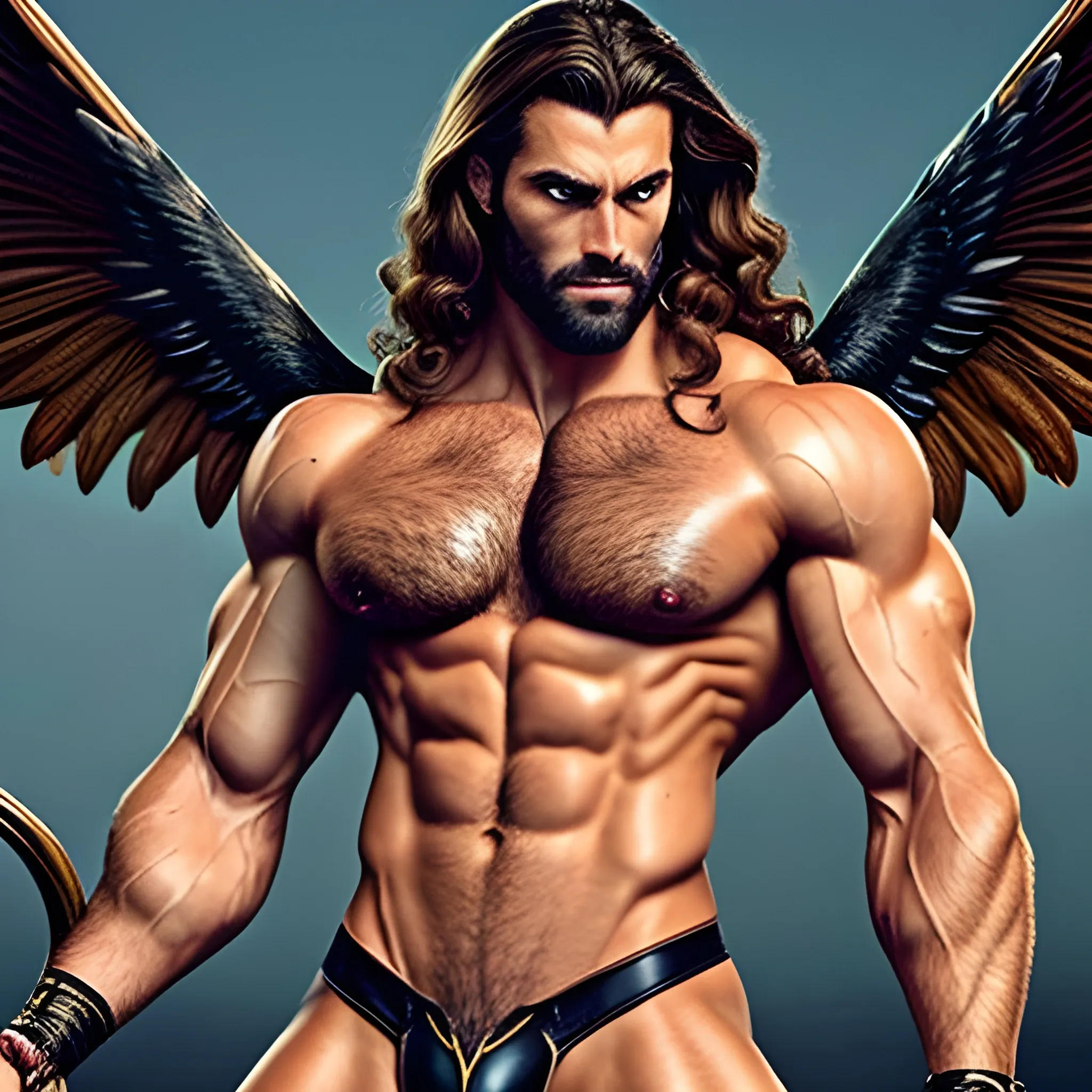 muscular male Devil with expansive Wings,handsome,beauty,muscle, no blurry,dark eyes,hyperealistic standing firmly,german, tanned skin,long curly hair,blondhair,colorfull small tanga with gold details,same facial halves, from side ,happy,whole body with legs,big bulge,dark piercing  eyes,huge bulge,hairy,fine details, young,two identical symmetrical eyes,same colofull eyes, stubble ,blond,very long hair cascading over a hairy Chest,reminiscent of an Angel,gripping a Staff,moon