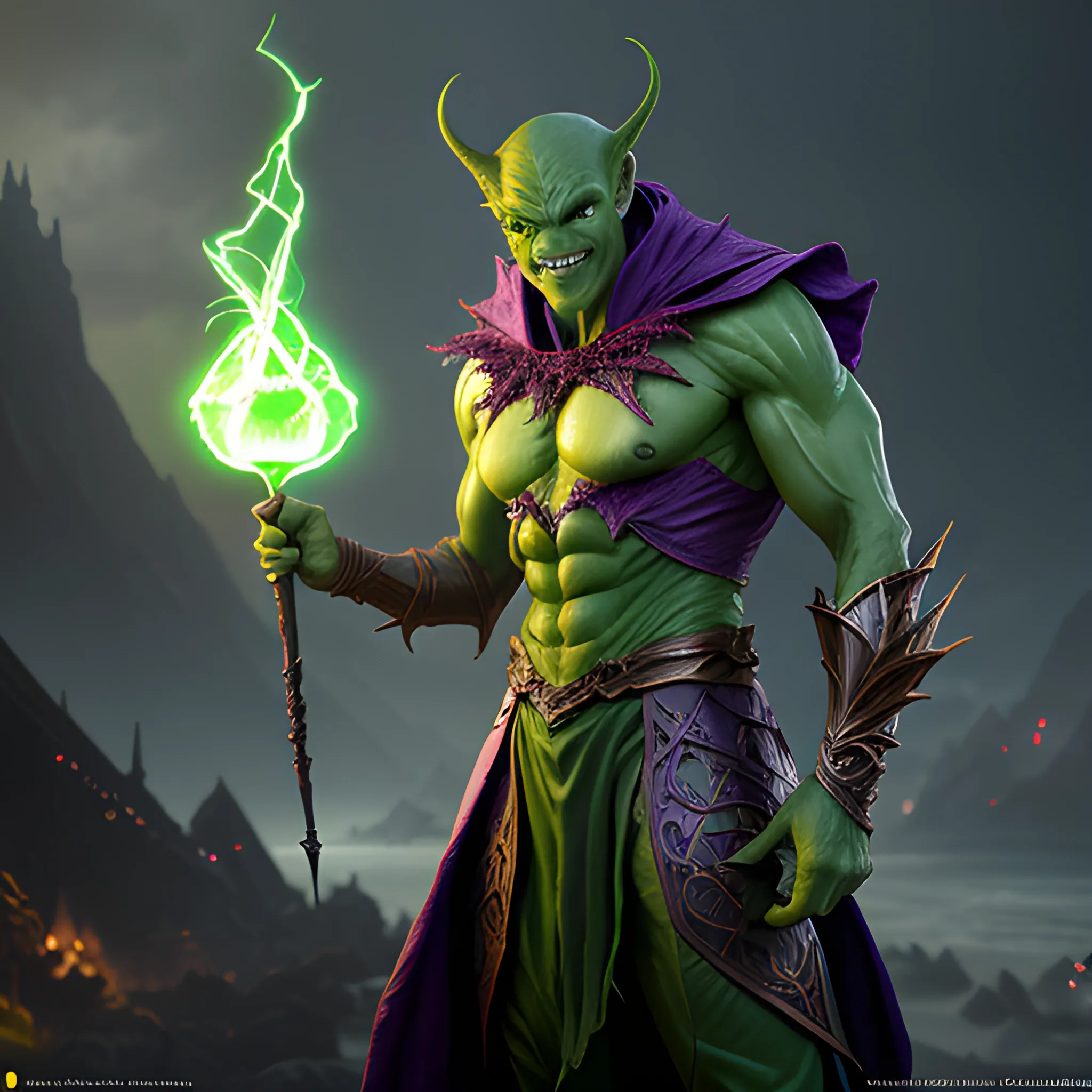 small, green goblin mage, casting a spell, magic, high fantasy, 8k, high resolution, high quality, detailed, detailed matte painting, deep color, fantastical, intricate detail, splash screen, complementary colors, fantasy concept art, 8k resolution trending on Artstation Unreal Engine