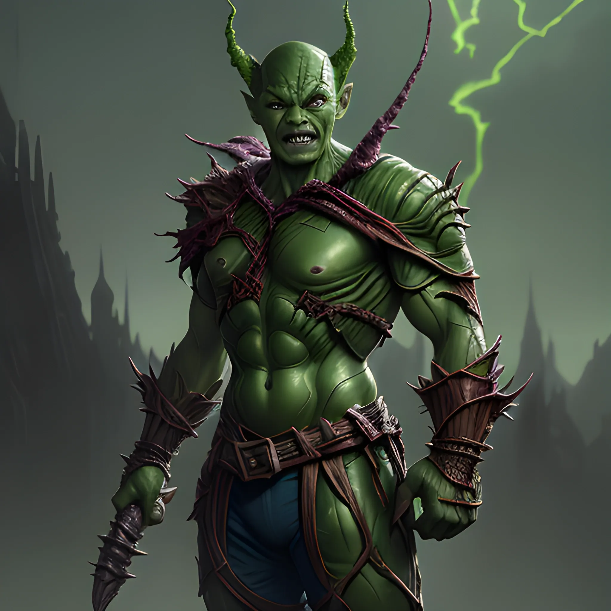 weak, very short, green goblin warrior, high fantasy, 8k, high resolution, high quality, detailed, detailed matte painting, deep color, fantastical, intricate detail, splash screen, complementary colors, fantasy concept art, 8k resolution trending on Artstation Unreal Engine