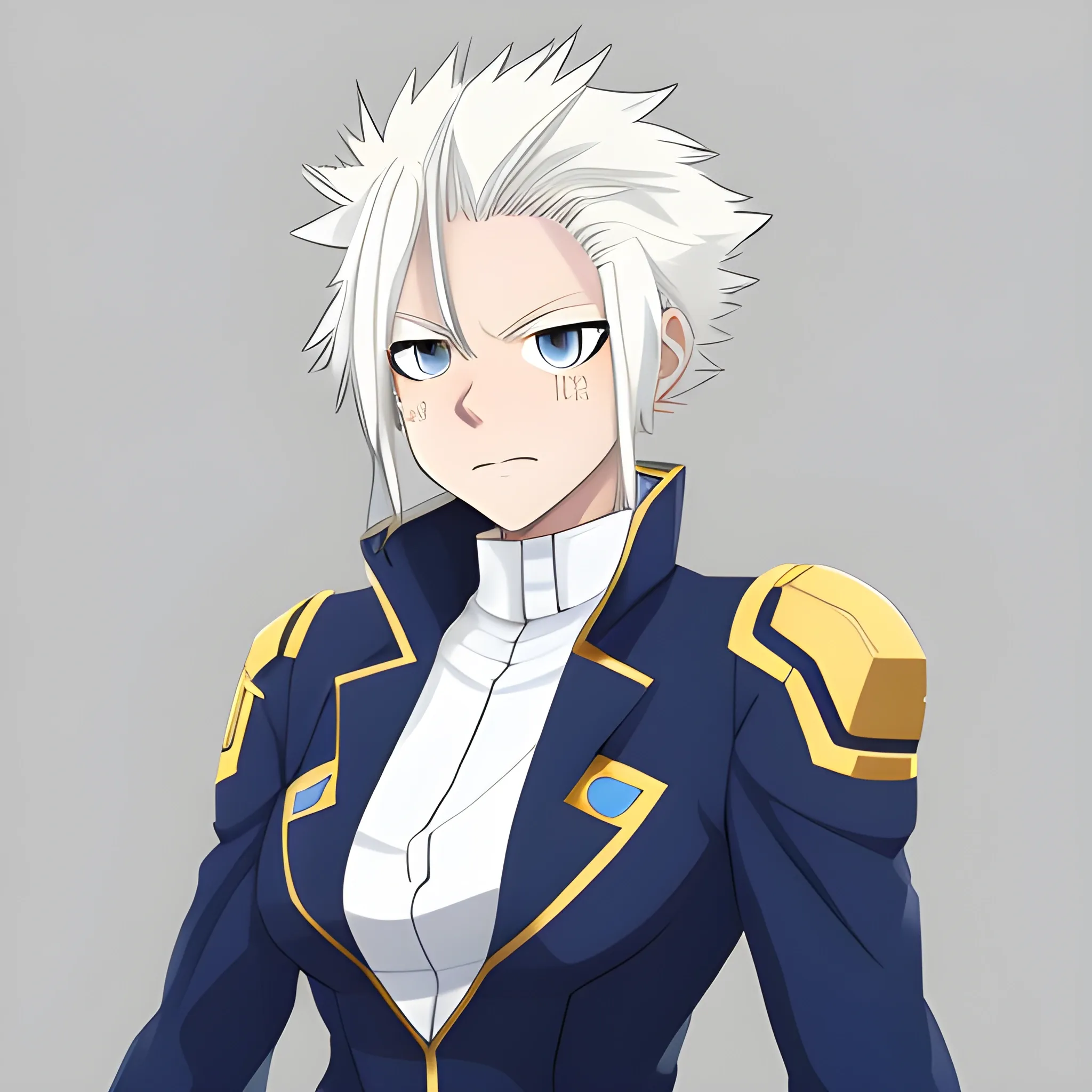 A white-haired female  My hero academia Oc with golden eyes and a blue suit