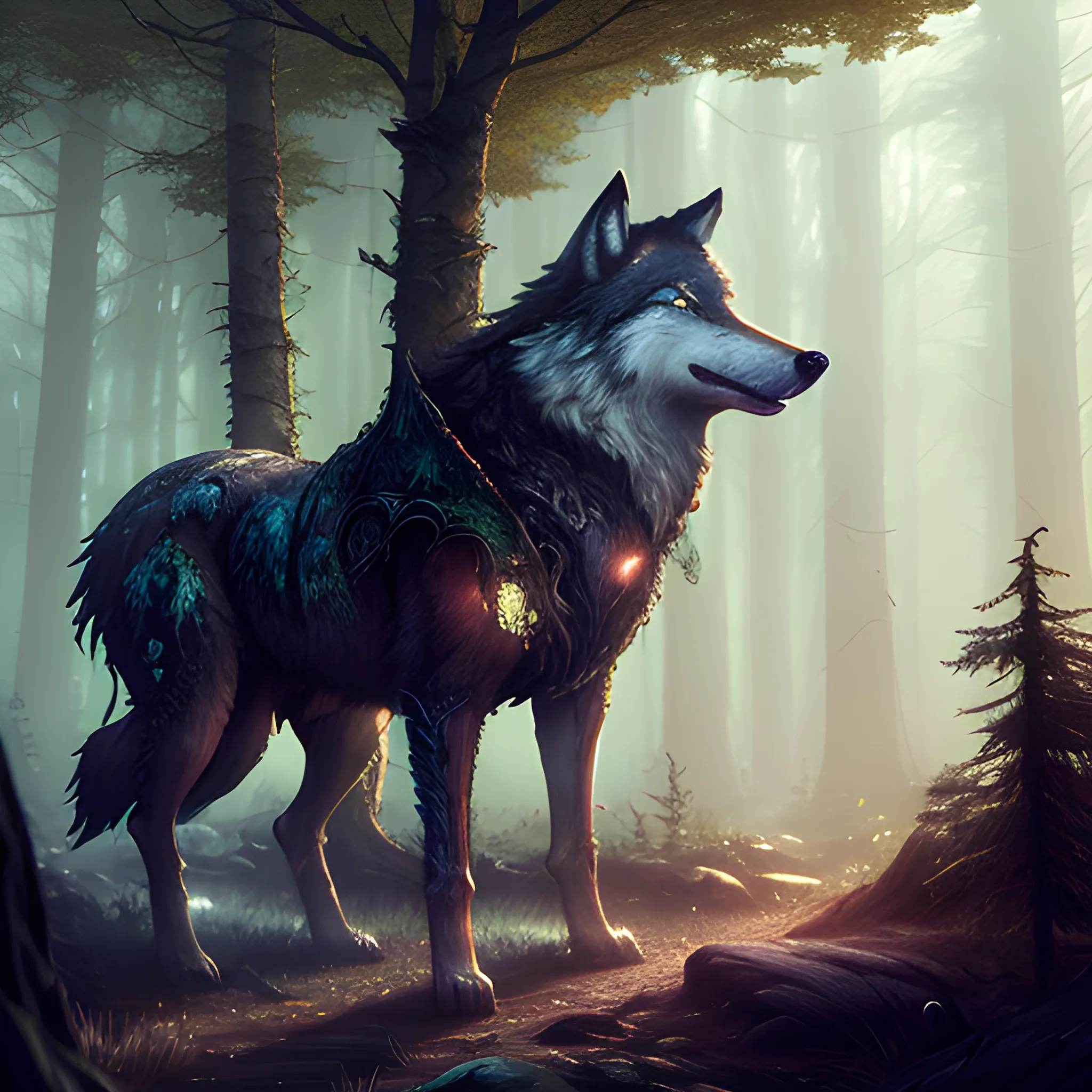 wolf, night, forest, high fantasy, 8k, high resolution, high quality, detailed, detailed matte painting, deep color, fantastical, intricate detail, splash screen, complementary colors, fantasy concept art, 8k resolution trending on Artstation Unreal Engine