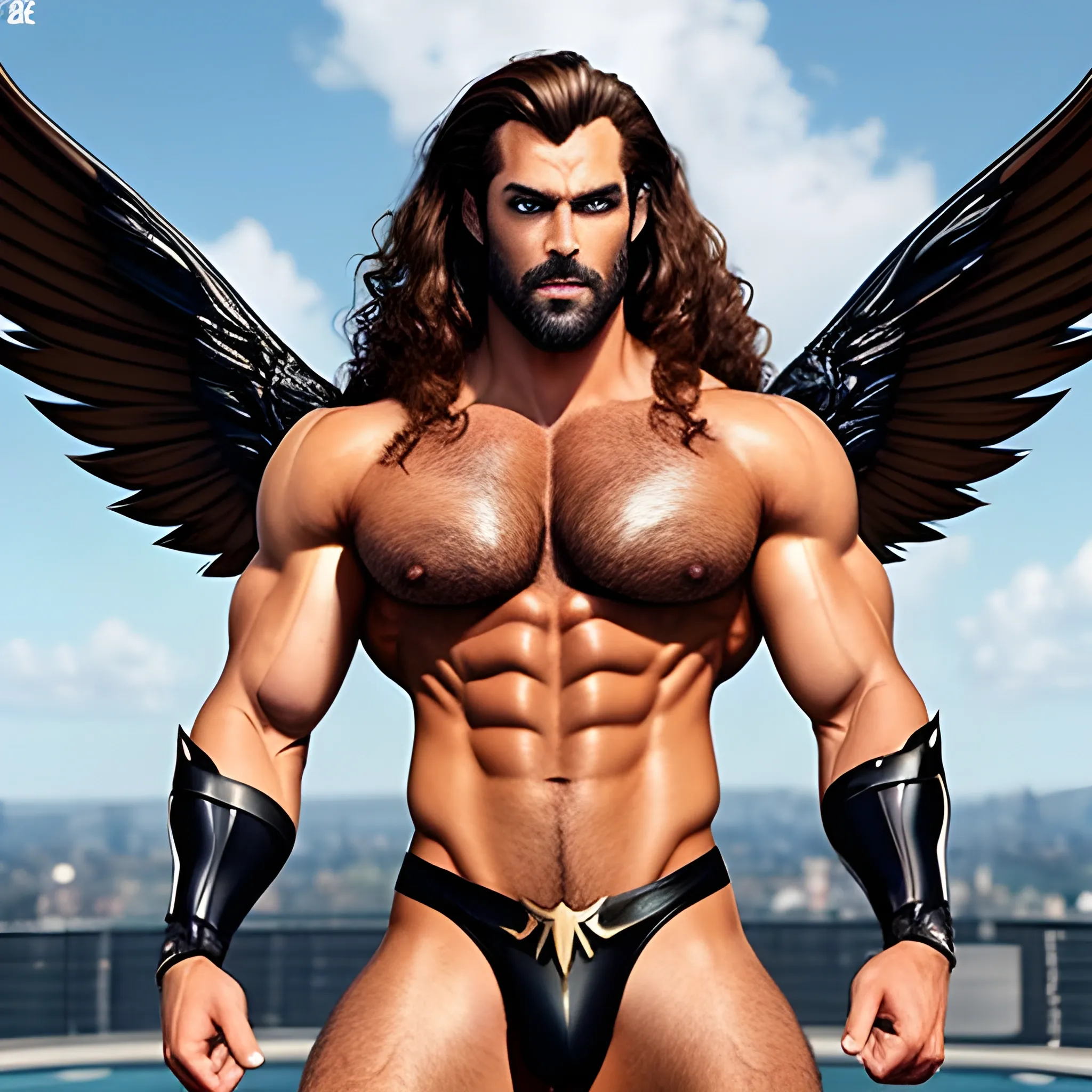 muscular male Devil with expansive Wings,handsome,beauty,muscle, no blurry,dark eyes,hyperealistic standing firmly,german, tanned skin,long curly hair,blondhair,colorfull small leather tanga with gold details,same facial halves, from side ,happy,whole body with legs,big bulge,dark piercing  eyes,huge bulge,hairy,fine details, young,two identical symmetrical eyes,same colofull eyes, stubble ,blond,very long hair cascading over a hairy Chest,reminiscent of an Angel