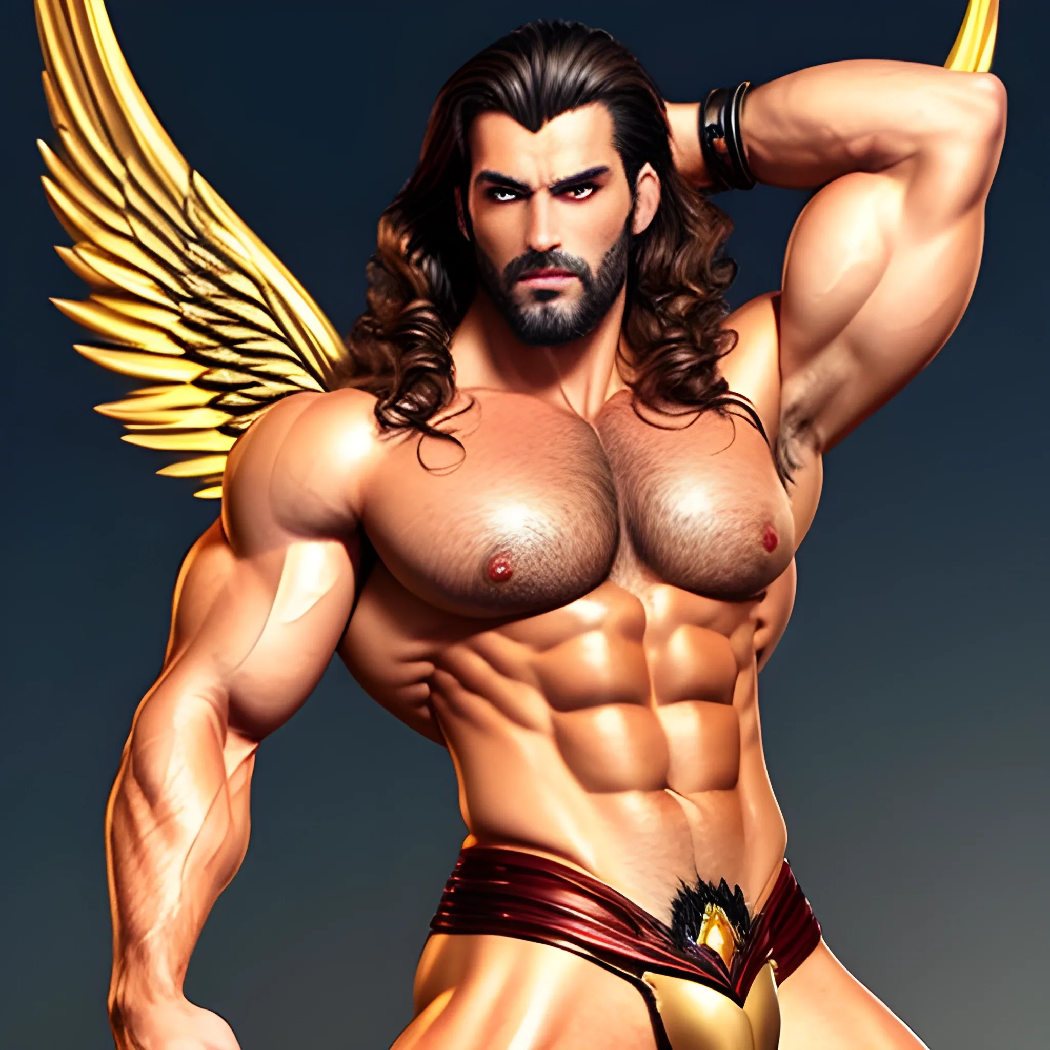 muscular male Devil with expansive Wings,handsome,beauty,muscle, no blurry,dark eyes,hyperealistic standing firmly,german, tanned skin,long curly hair,blondhair,colorfull small leather tanga with gold details,same facial halves, from side ,happy,whole body with legs,big bulge,dark piercing  eyes,huge bulge,hairy,fine details, young,two identical symmetrical eyes,same colofull eyes, stubble ,blond,very long hair cascading over a hairy Chest,reminiscent of an Angel