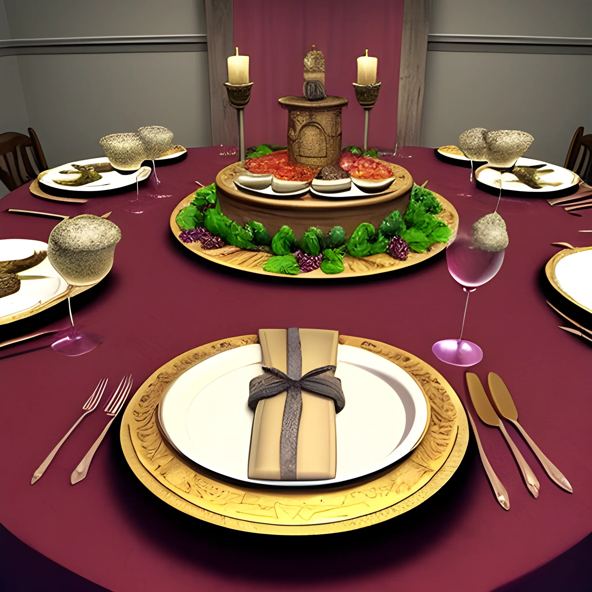 Create a high fantasy banquet table with plates and platters of food. Add wine glasses.