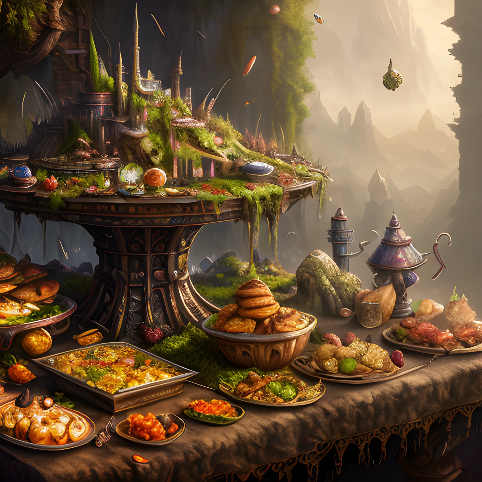 food table, high fantasy, 8k, high resolution, high quality, photorealistic, hyperrealistic, detailed, detailed matte painting, deep color, fantastical, intricate detail, splash screen, complementary colors, fantasy concept art, 8k resolution