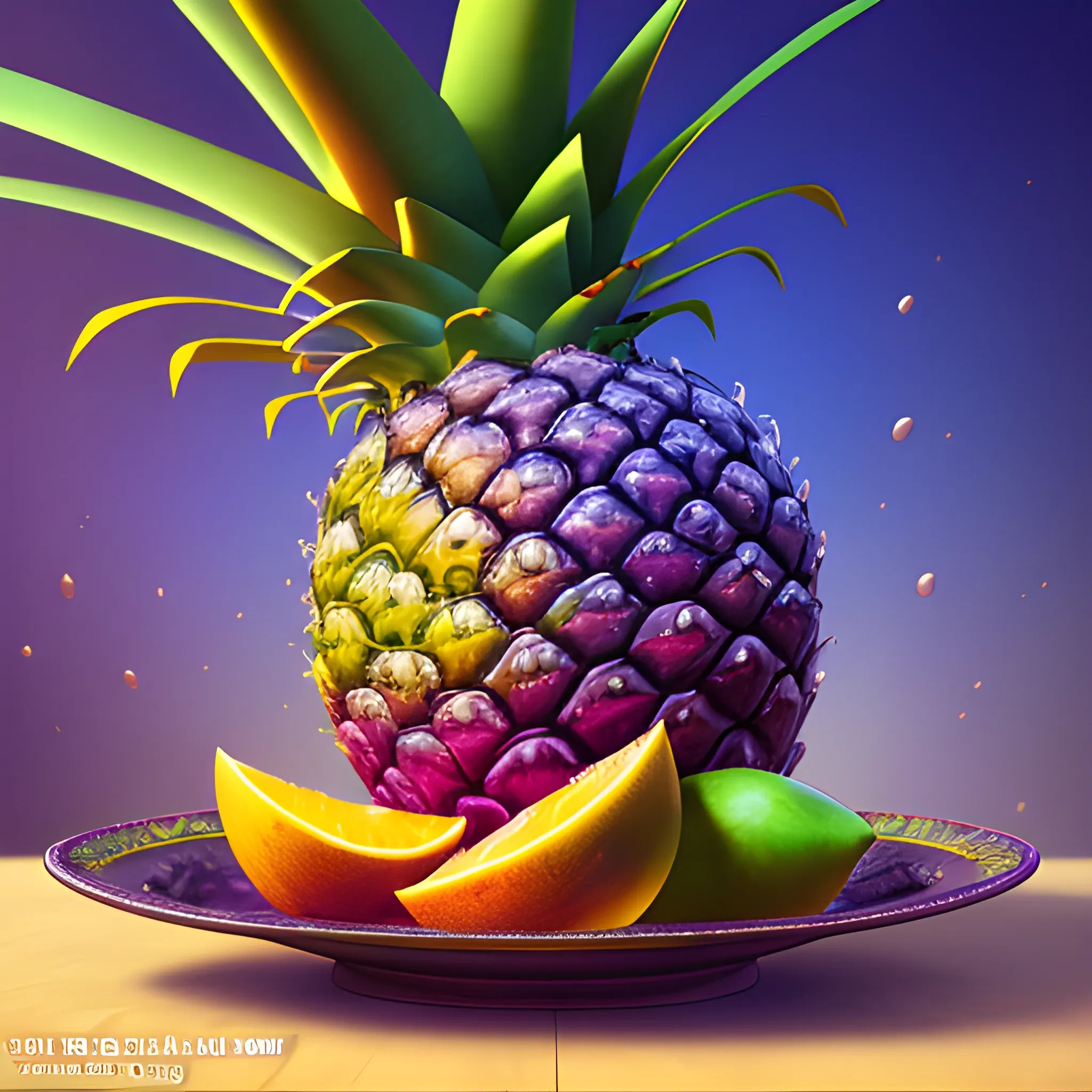 tropical fruit on plate, high fantasy, 8k, high resolution, high quality, photorealistic, hyperrealistic, detailed, detailed matte painting, deep color, fantastical, intricate detail, splash screen, complementary colors, fantasy concept art, 8k resolution