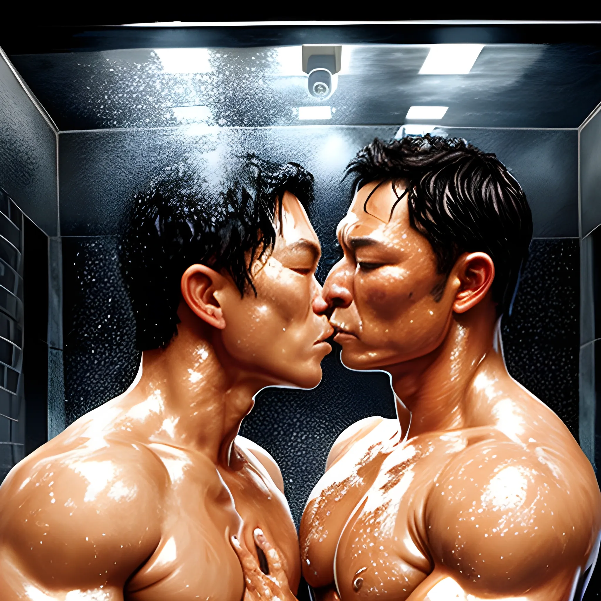 an oil painting of shirtless daniel dae kim kissing dominic west in a steam room