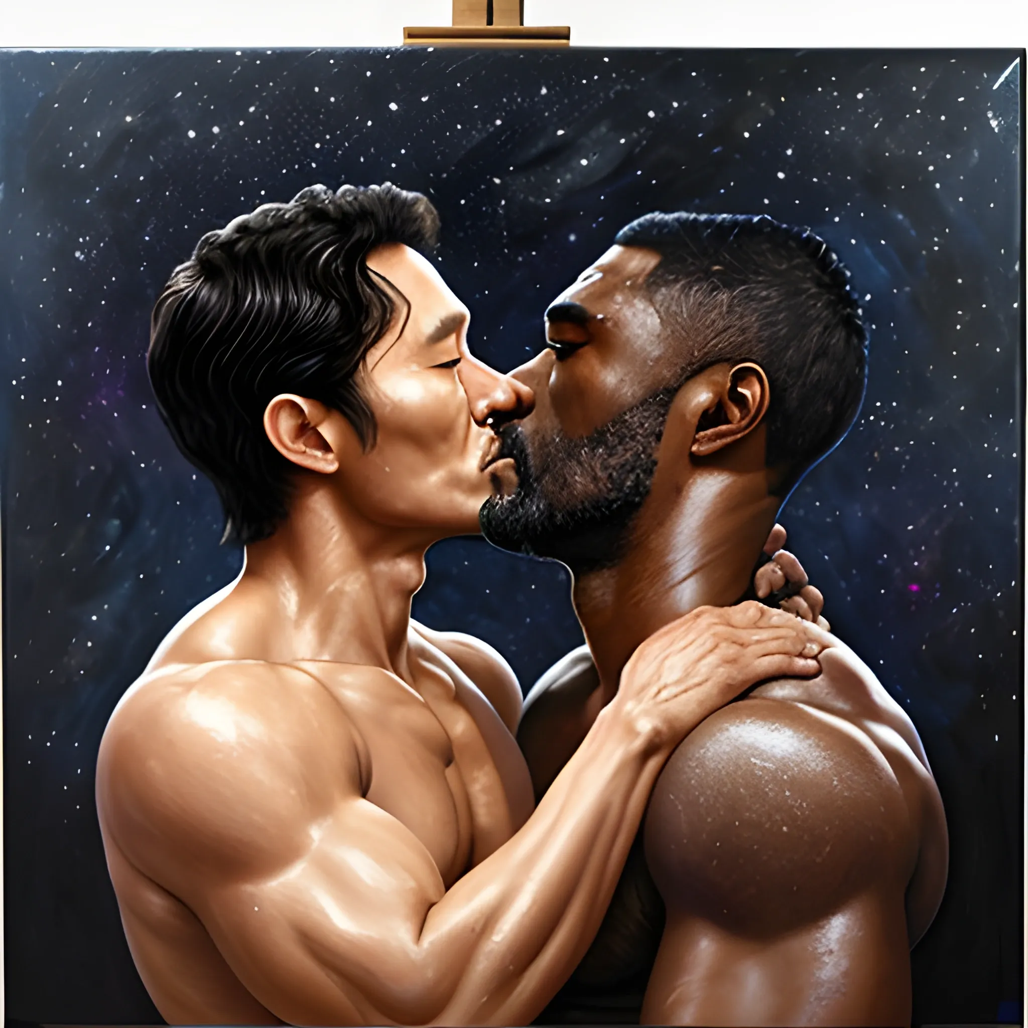 an oil painting of shirtless daniel dae kim kissing idris elba in space