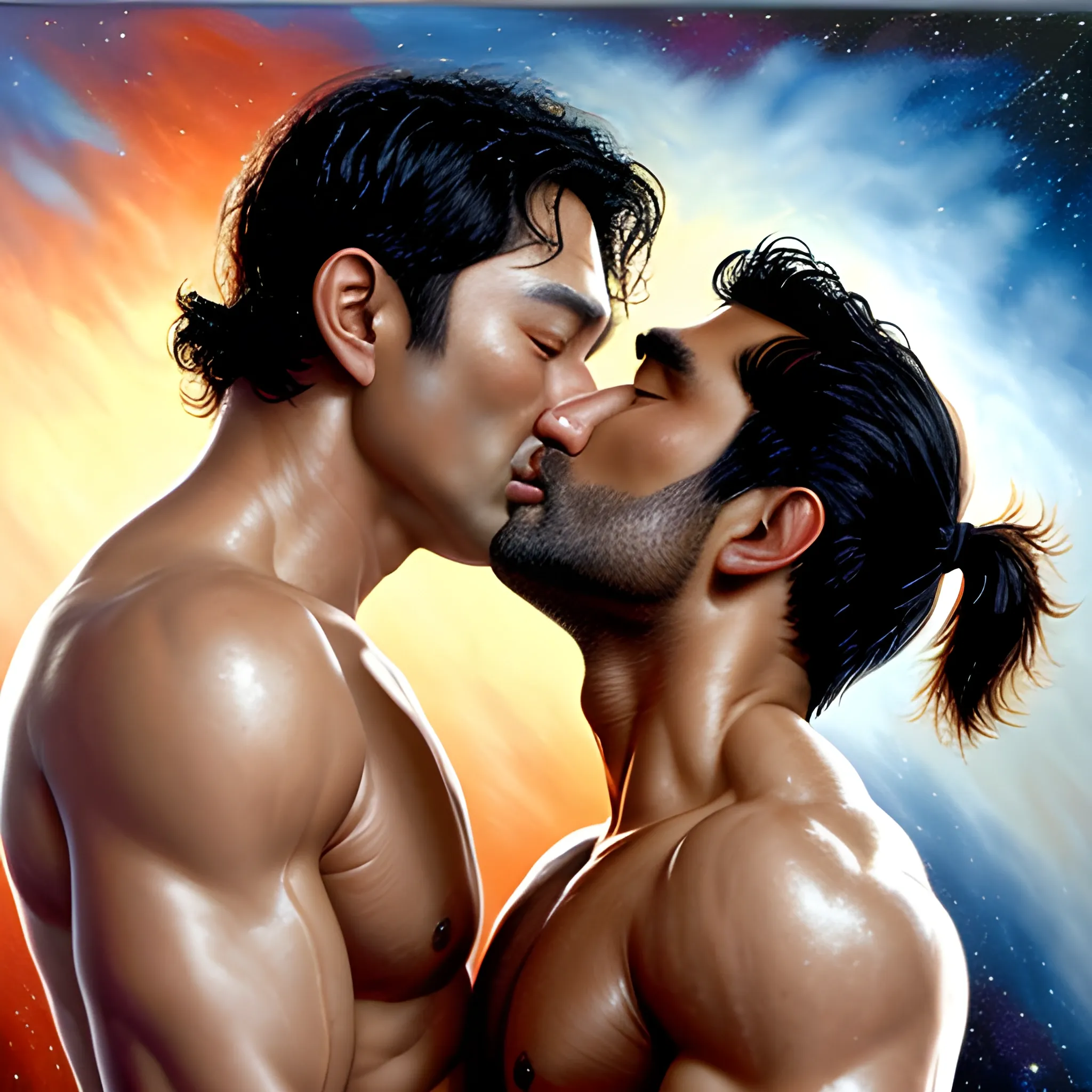 an oil painting of shirtless daniel dae kim kissing kumail nanjiani in space